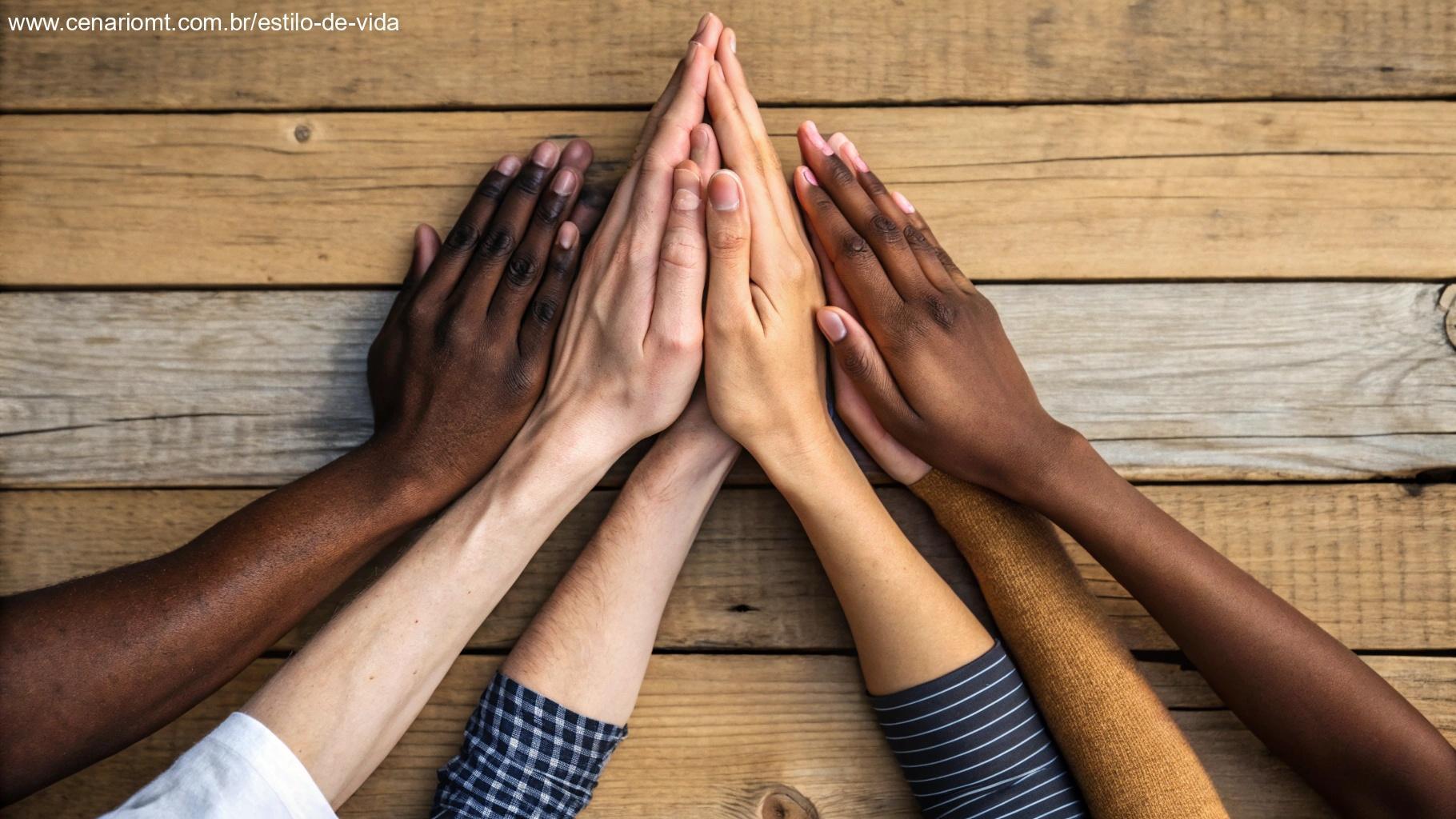 Grupo diversificado de mãos unidas em oração sobre um fundo de madeira rústica, simbolizando união e fé em uma comunidade religiosa