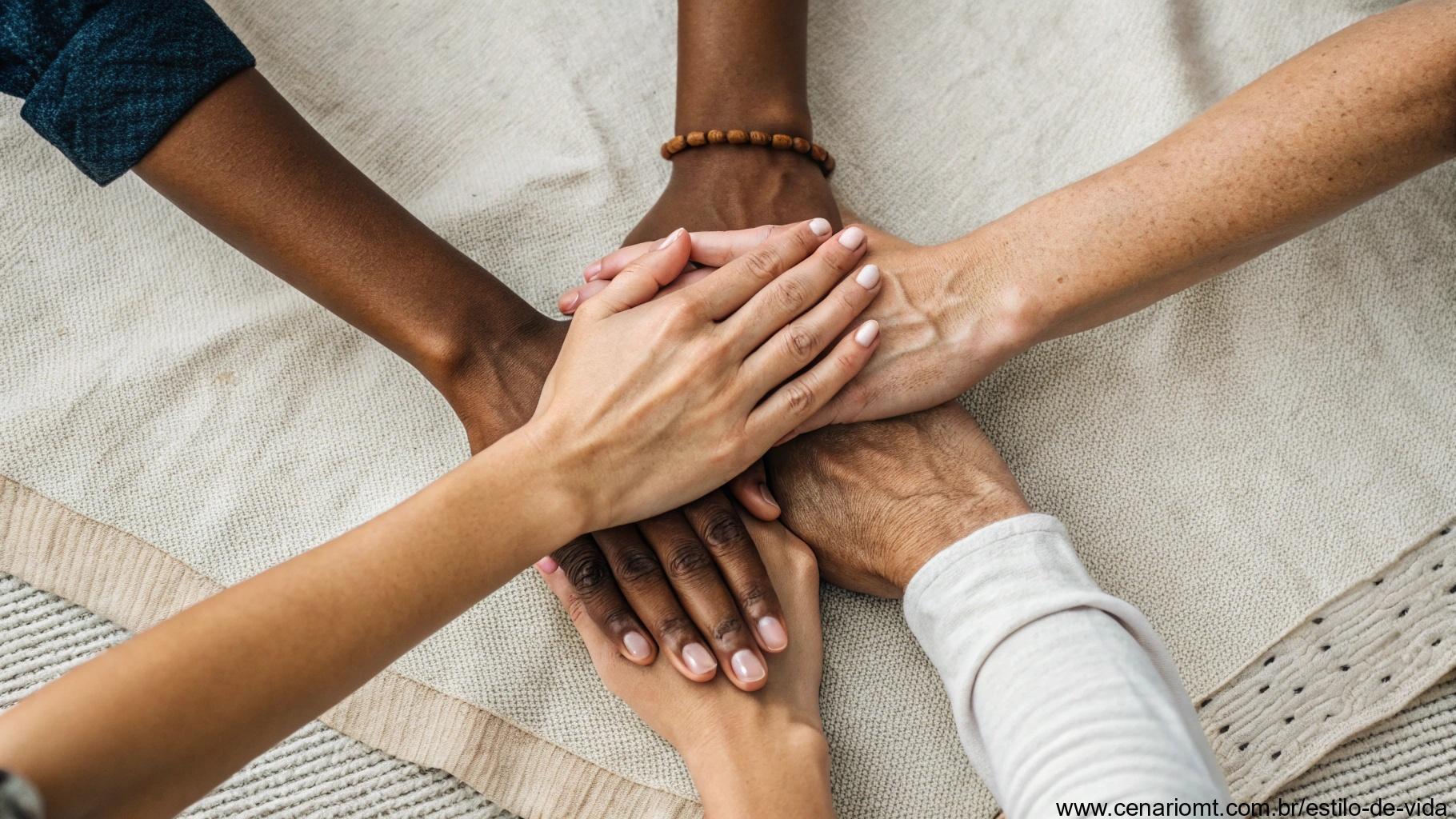 Diversas mãos unidas sobre um tecido texturizado, simbolizando comunidade espiritual