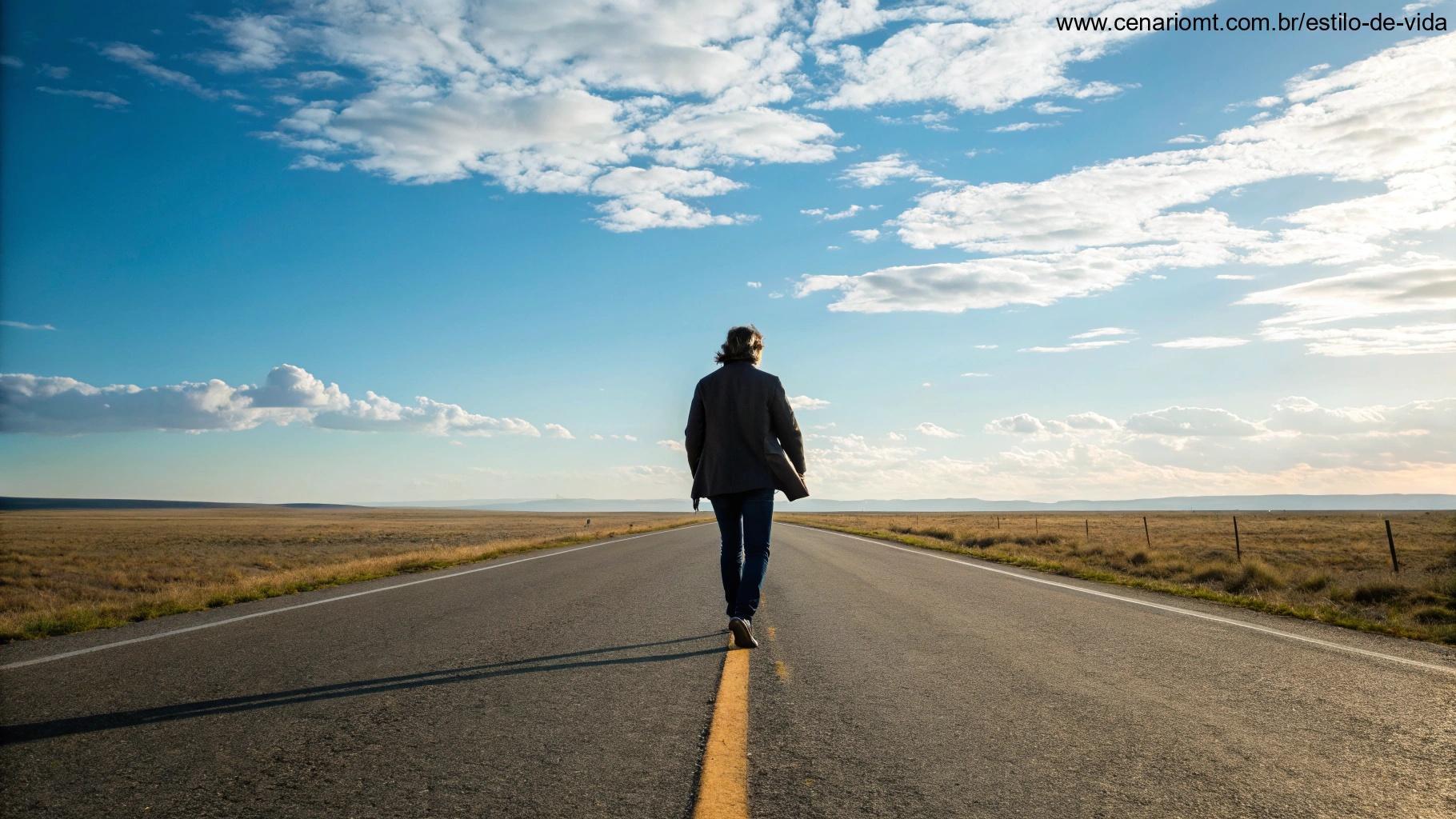 Cena motivadora com uma estrada aberta à frente, céu azul claro e uma pessoa caminhando confiante em direção ao horizonte, simbolizando inspiração e o começo de um dia produtivo.