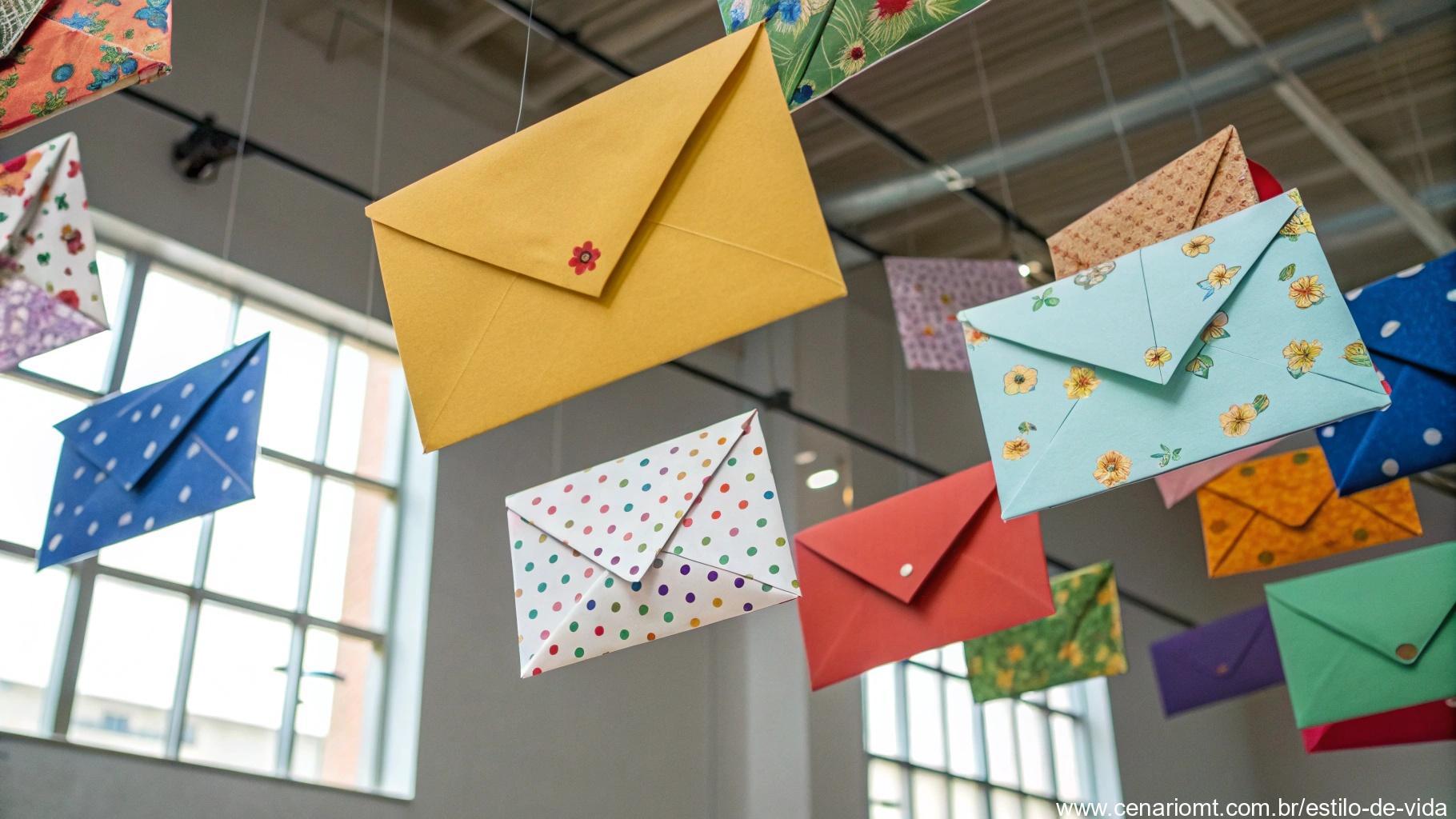 Coleção diversificada de envelopes coloridos flutuando no ar