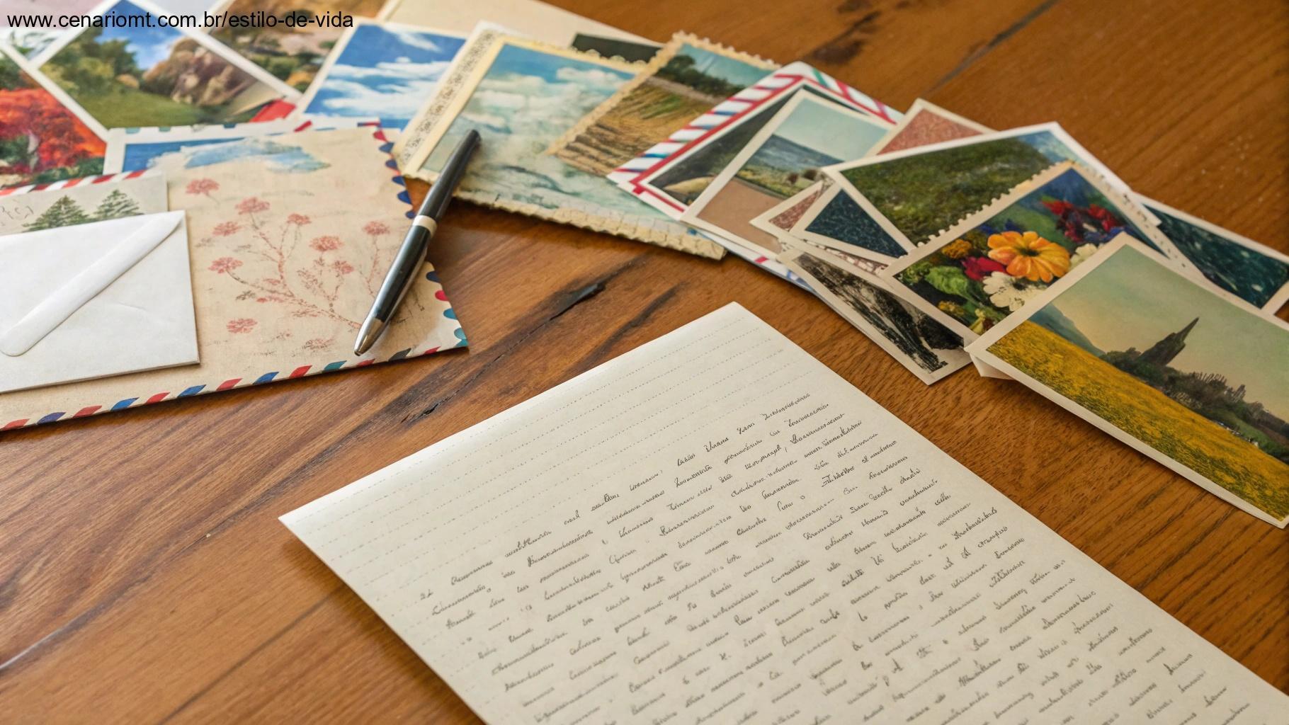 Cartas e cartões postais manuscritos espalhados sobre uma mesa de madeira, cada um com designs e cores únicas