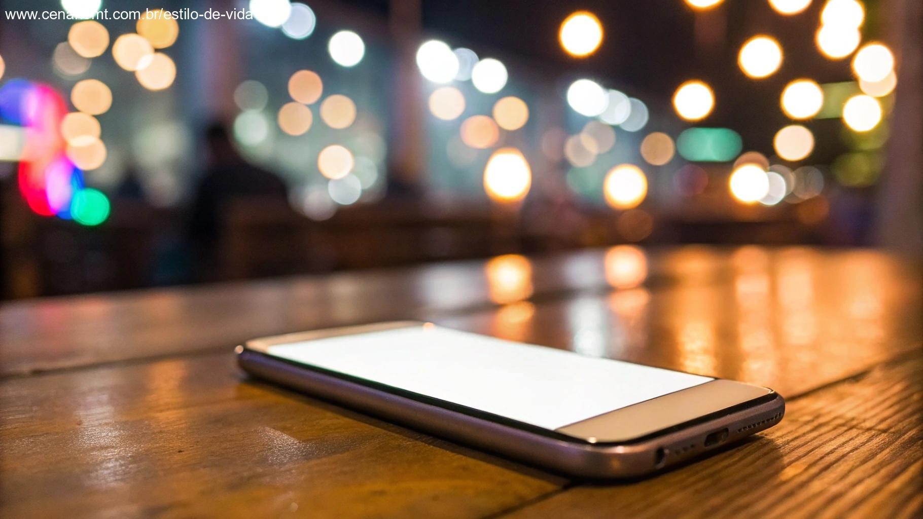 Smartphone em cima de uma mesa de madeira com fundo desfocado de luzes coloridas, mostrando uma tela de chat em branco