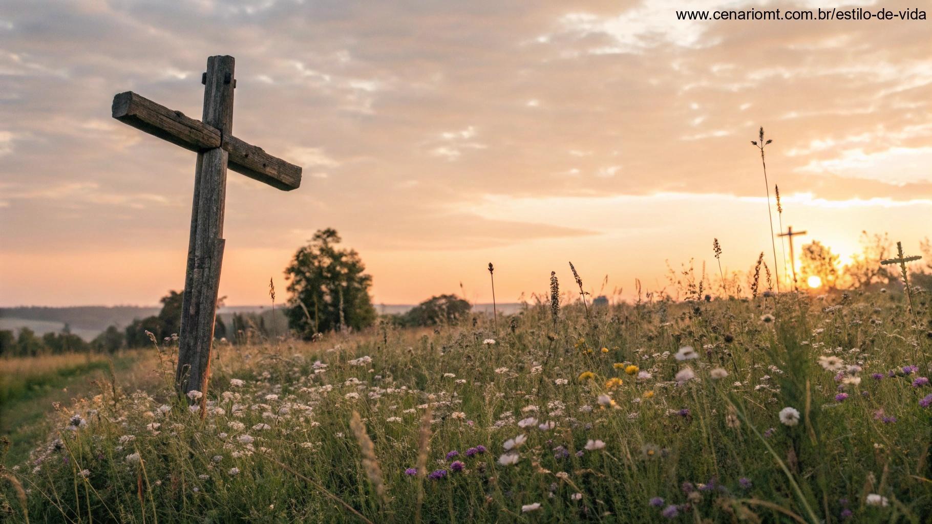 Cruz de madeira rústica em um campo de flores silvestres durante a hora dourada, com a luz do sol criando uma atmosfera pacífica