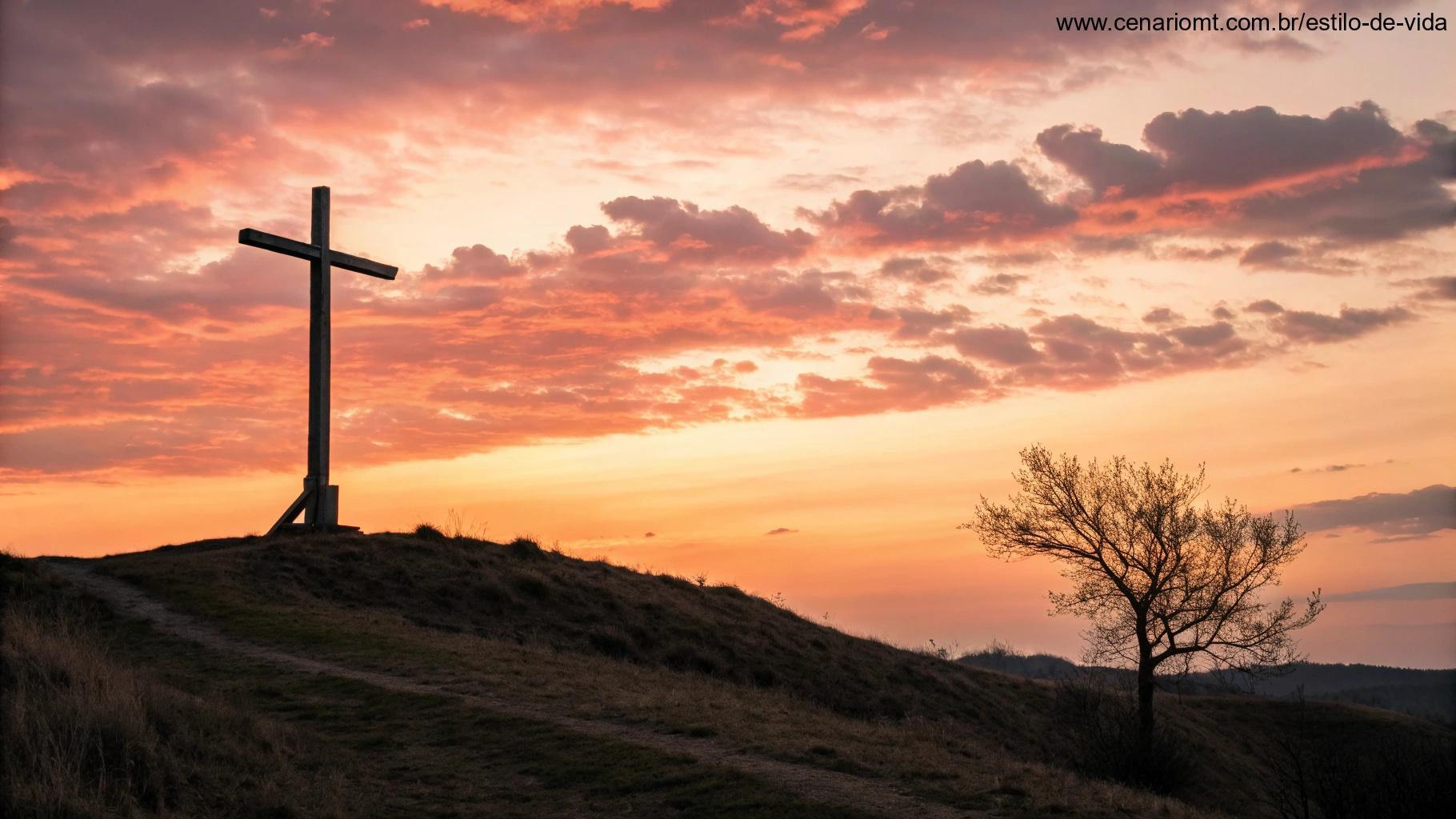 Cruz de madeira em um morro ao pôr do sol, com tons alaranjados e rosados no céu