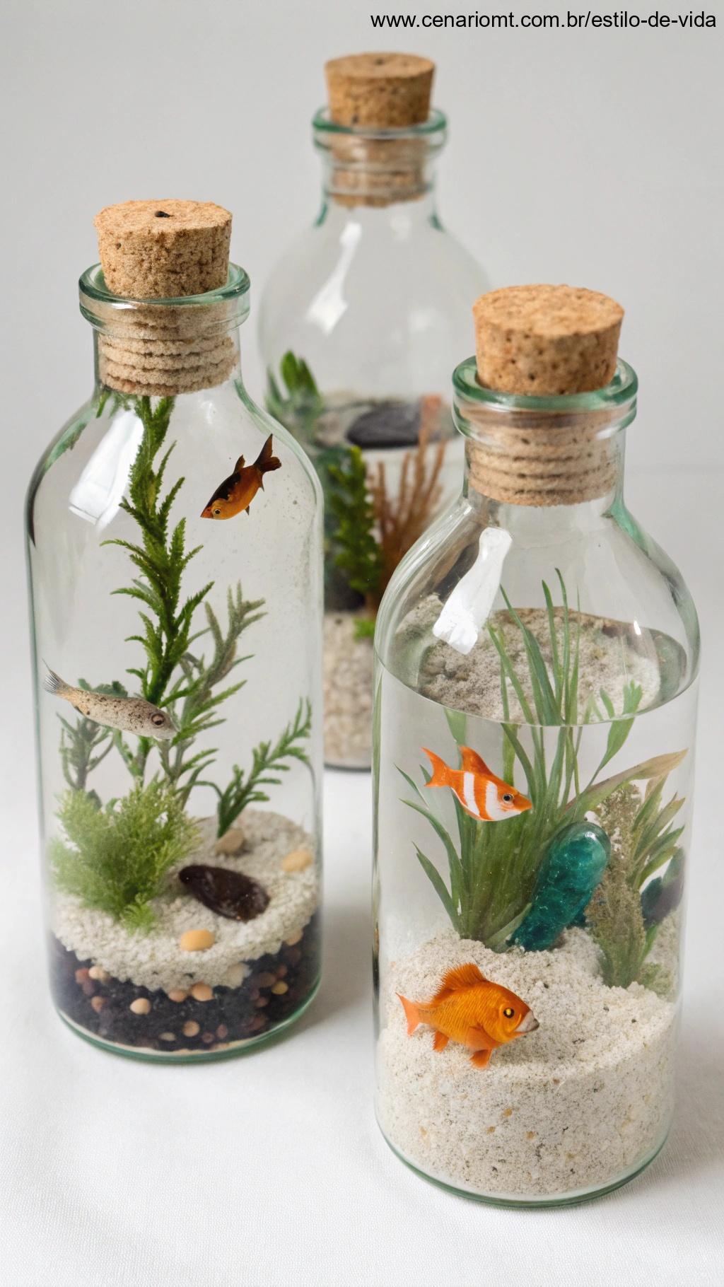 Mini aquários decorativos dentro de frascos