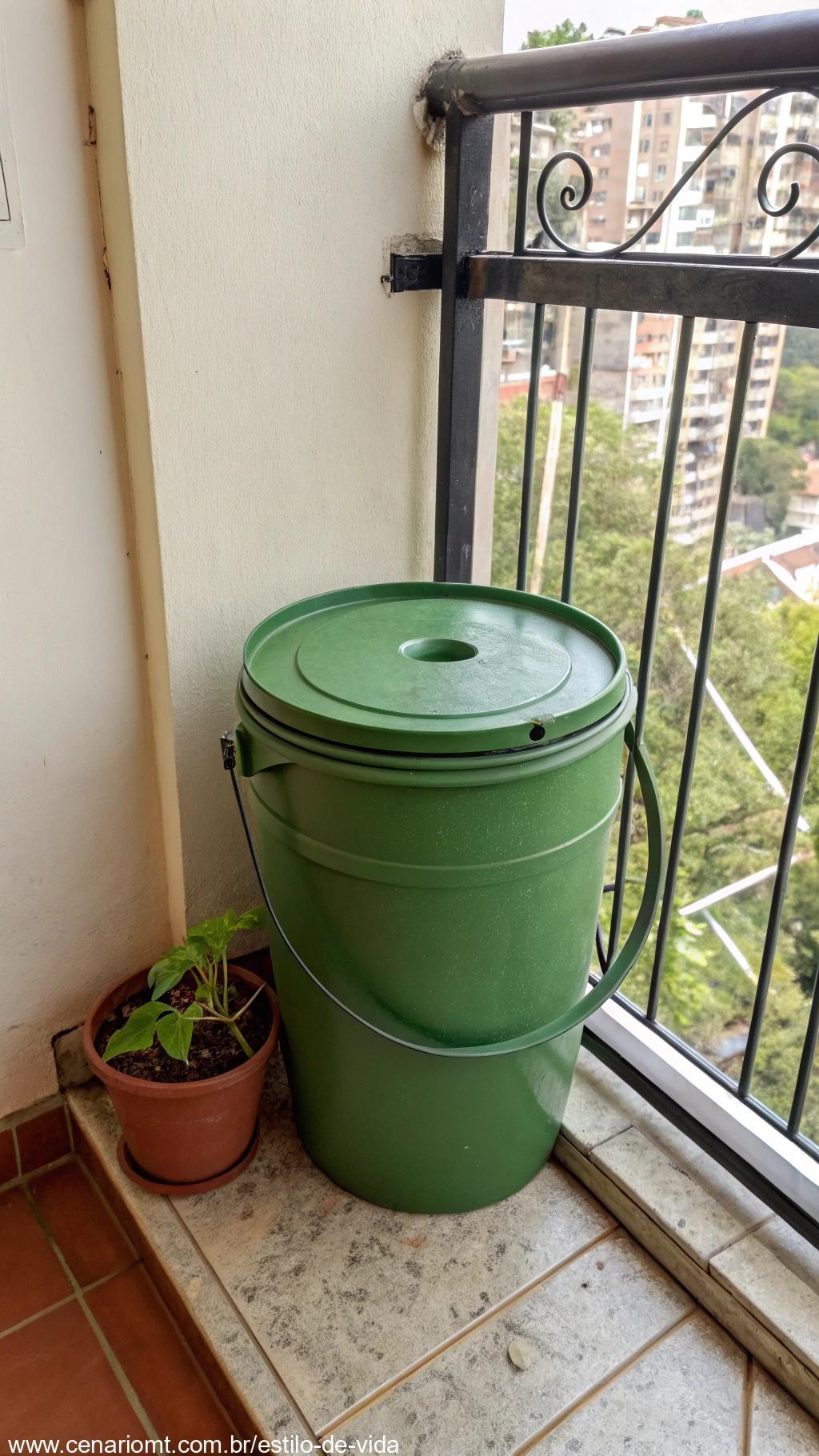 Mini composteira doméstica feita com balde em ambiente interno ou varanda