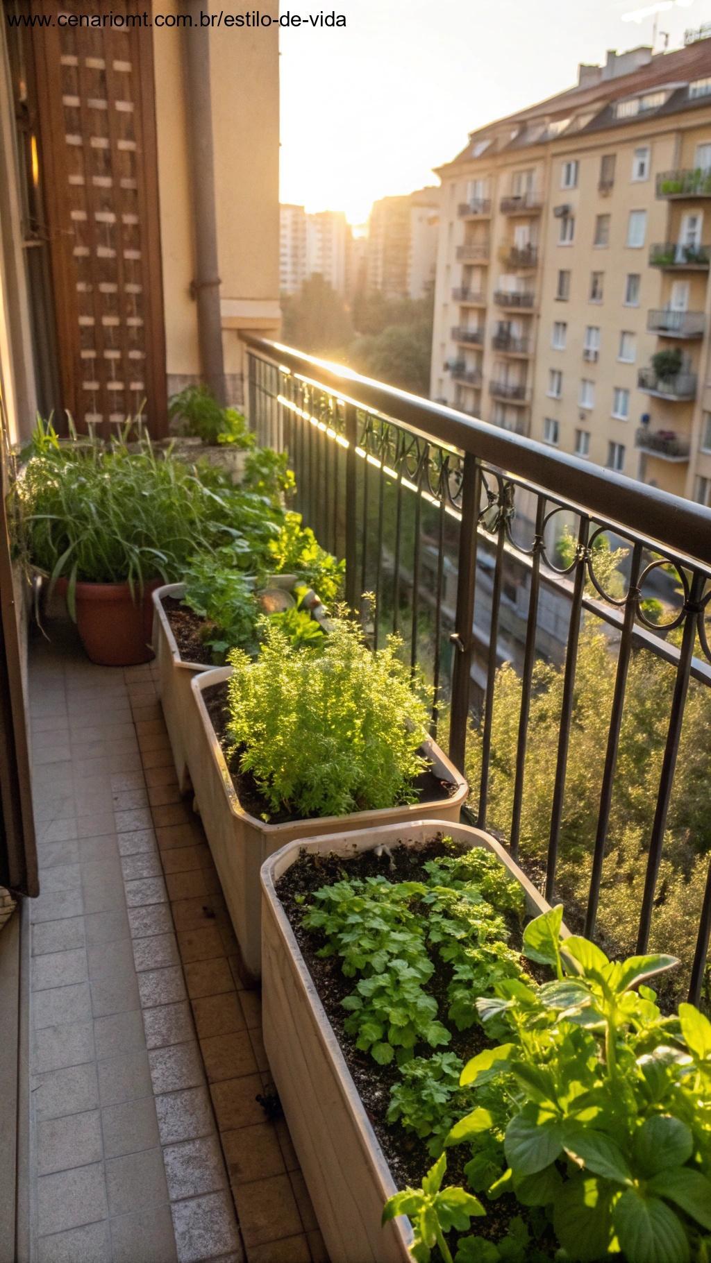 Mini horta feita com potes reutilizados na varanda de um apartamento
