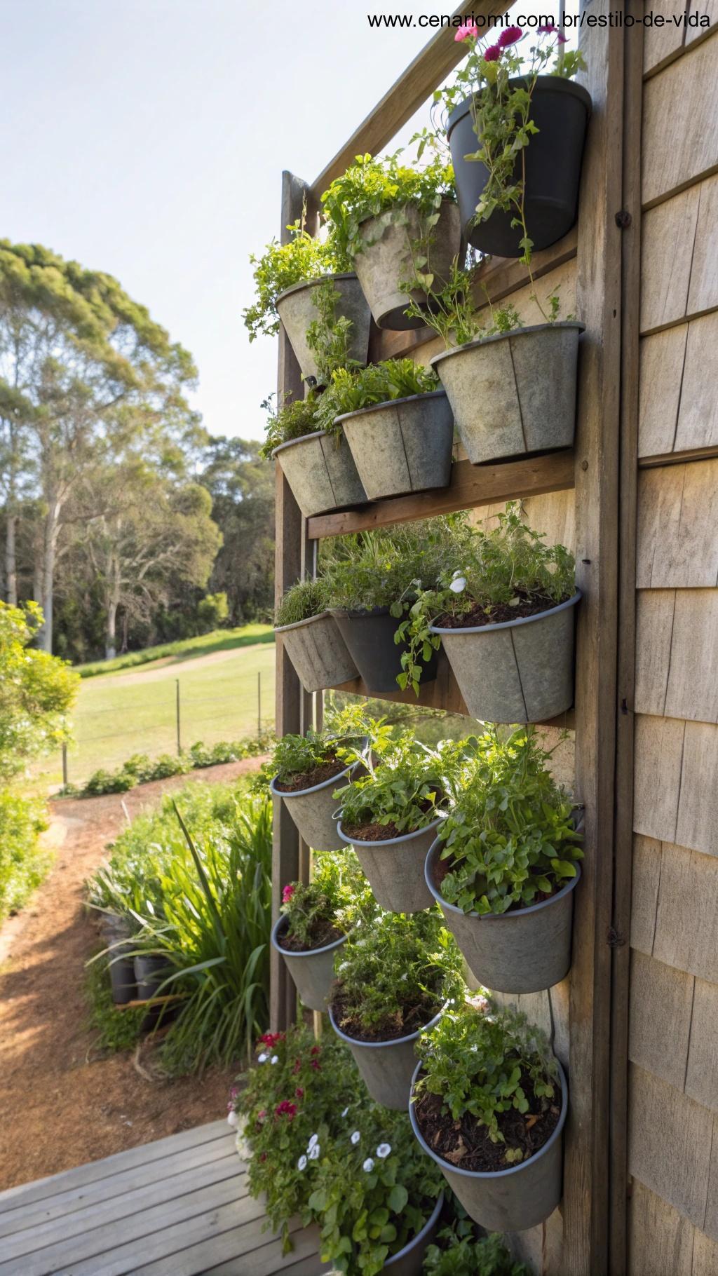 Mini horta vertical feita com baldes reciclados