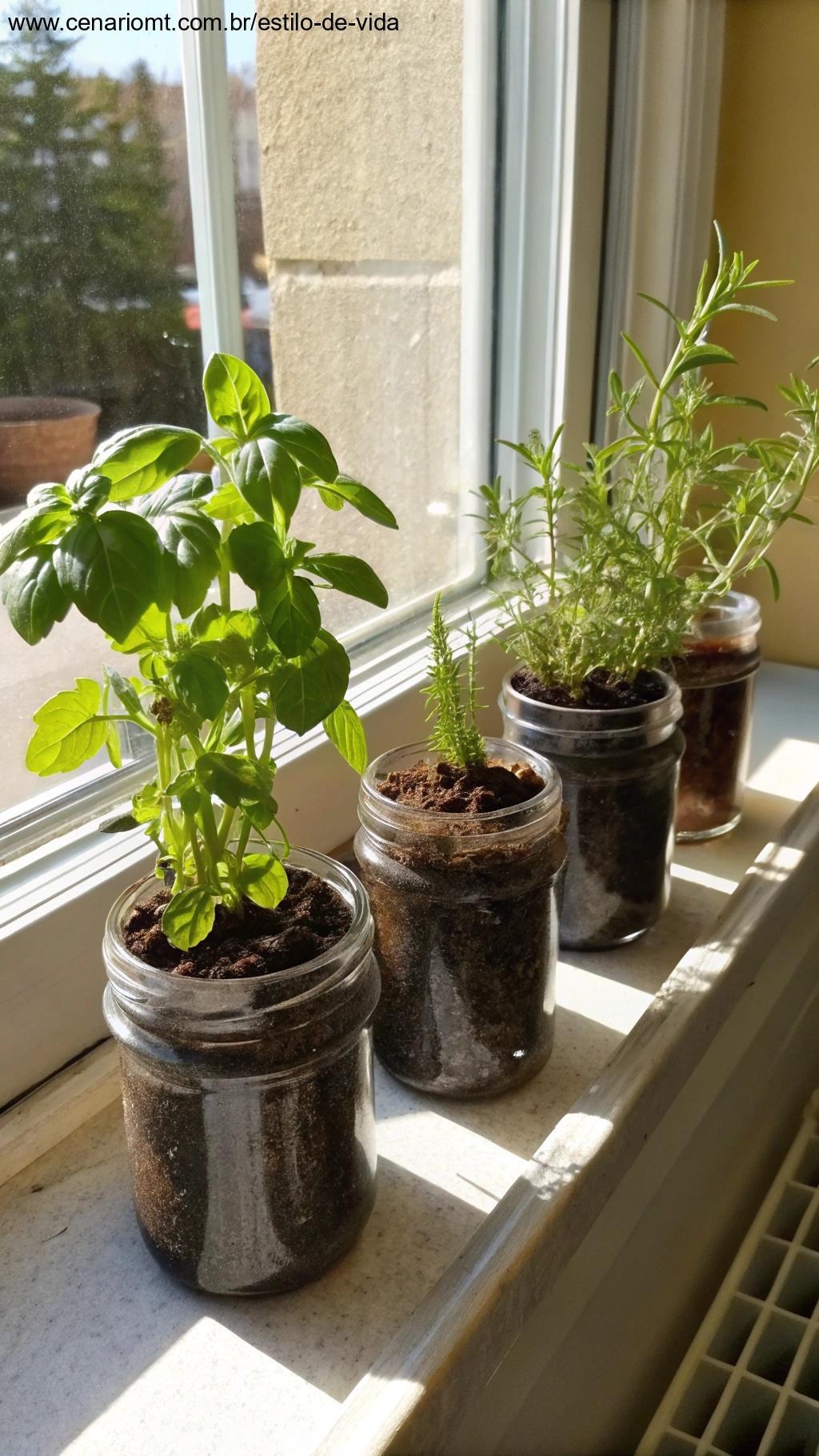 Mini jardim de ervas feito com potes reciclados