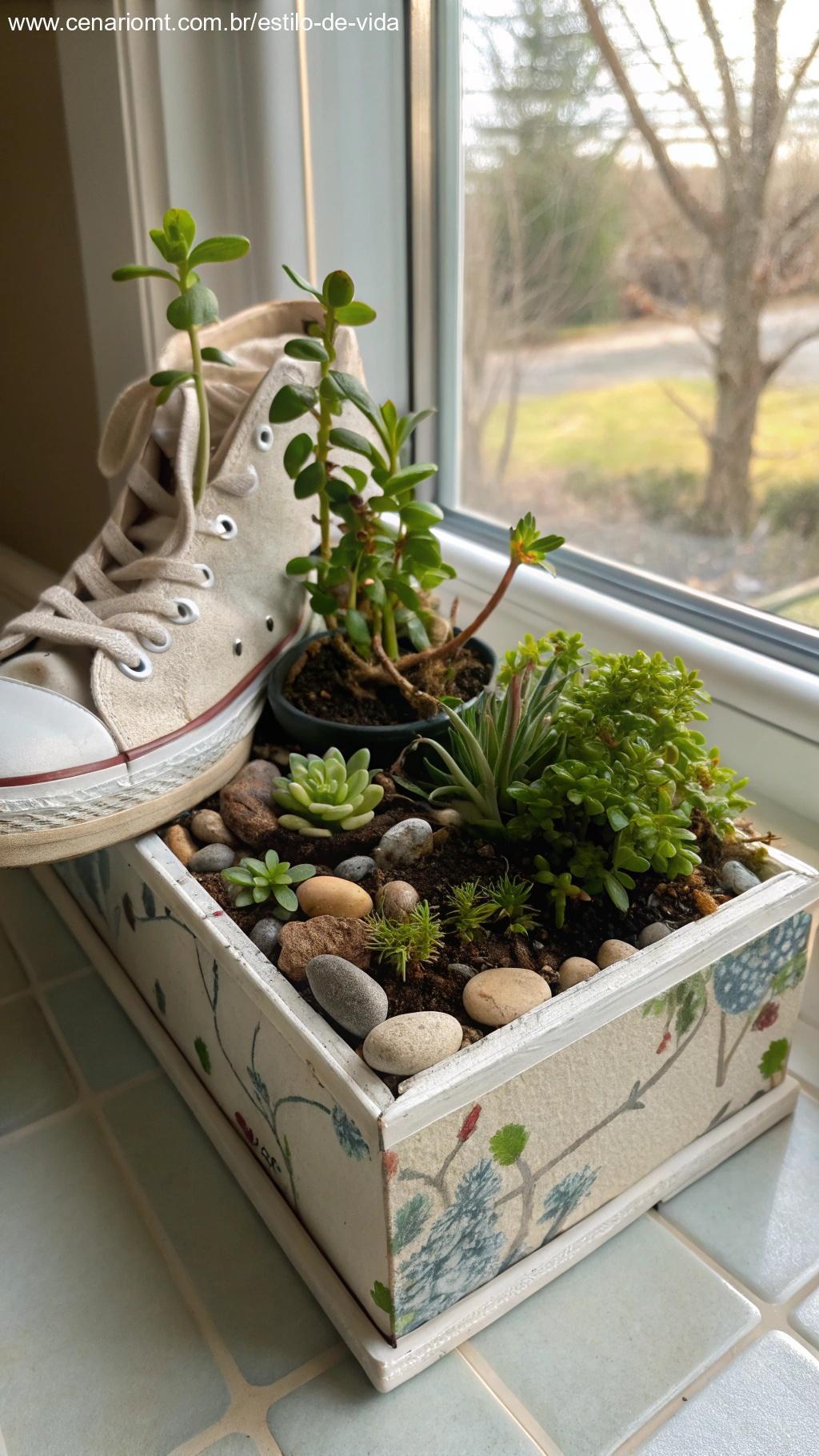 Mini jardim feito dentro de uma caixa de sapato