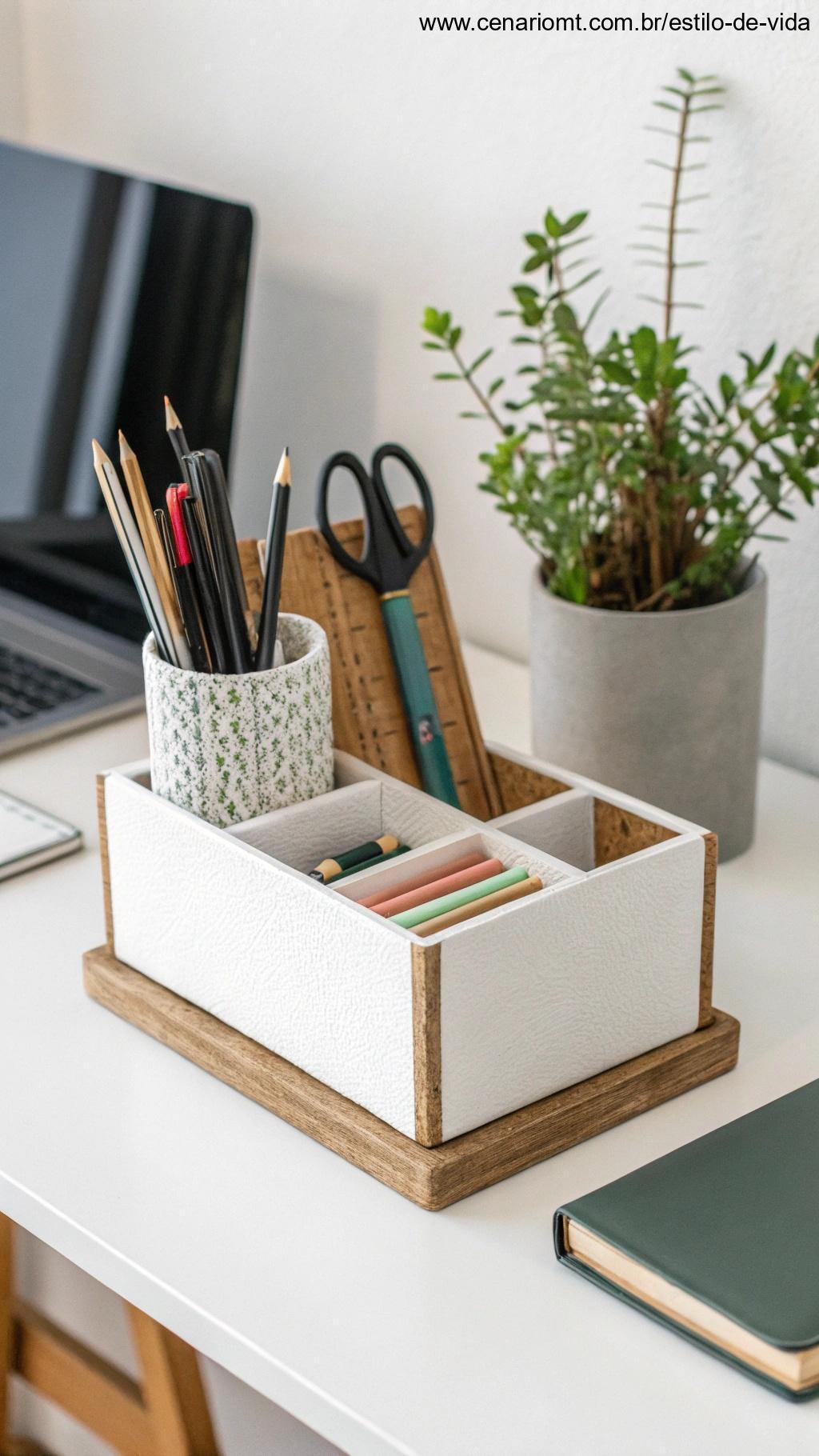 Mini organizador de escritório feito com materiais recicláveis