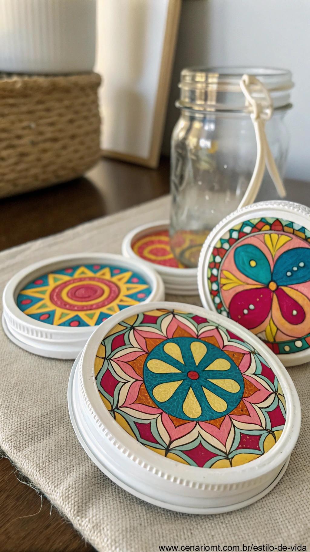 Mini quadros decorativos com tampas pintadas
