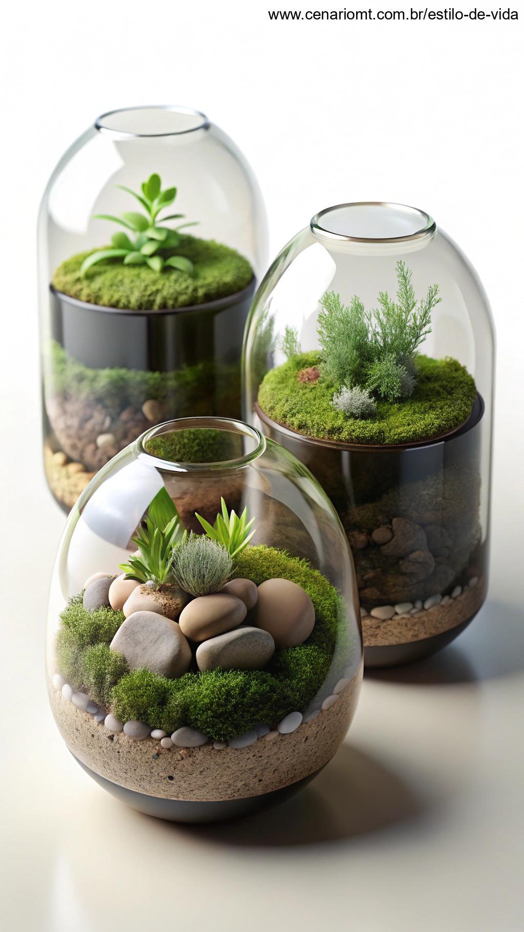 Mini terrários decorativos feitos em copos de vidro