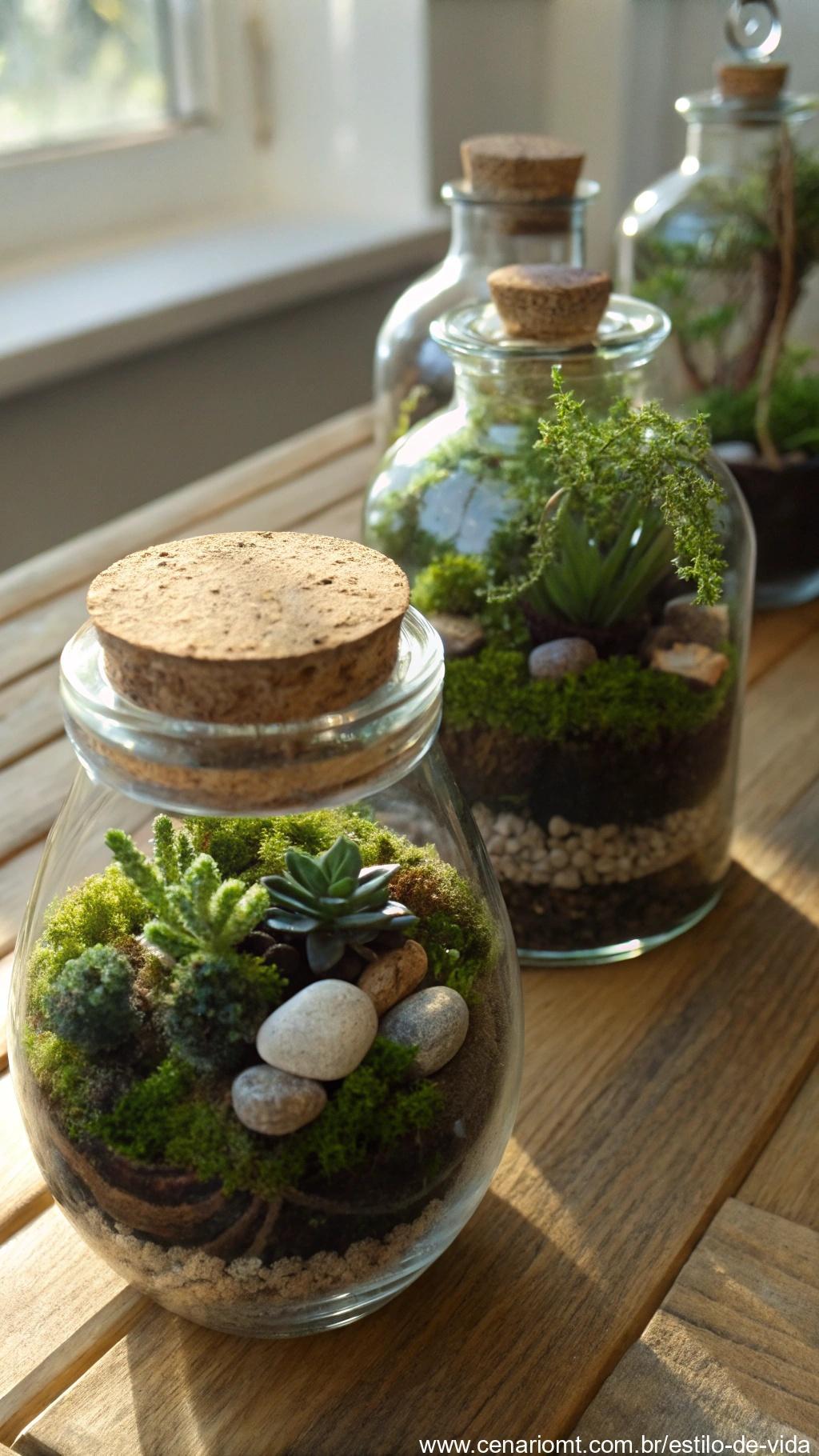Mini terrários decorativos em potes de vidro