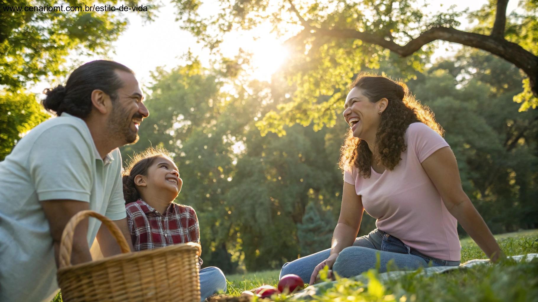 Família sorrindo em um piquenique de domingo no parque
