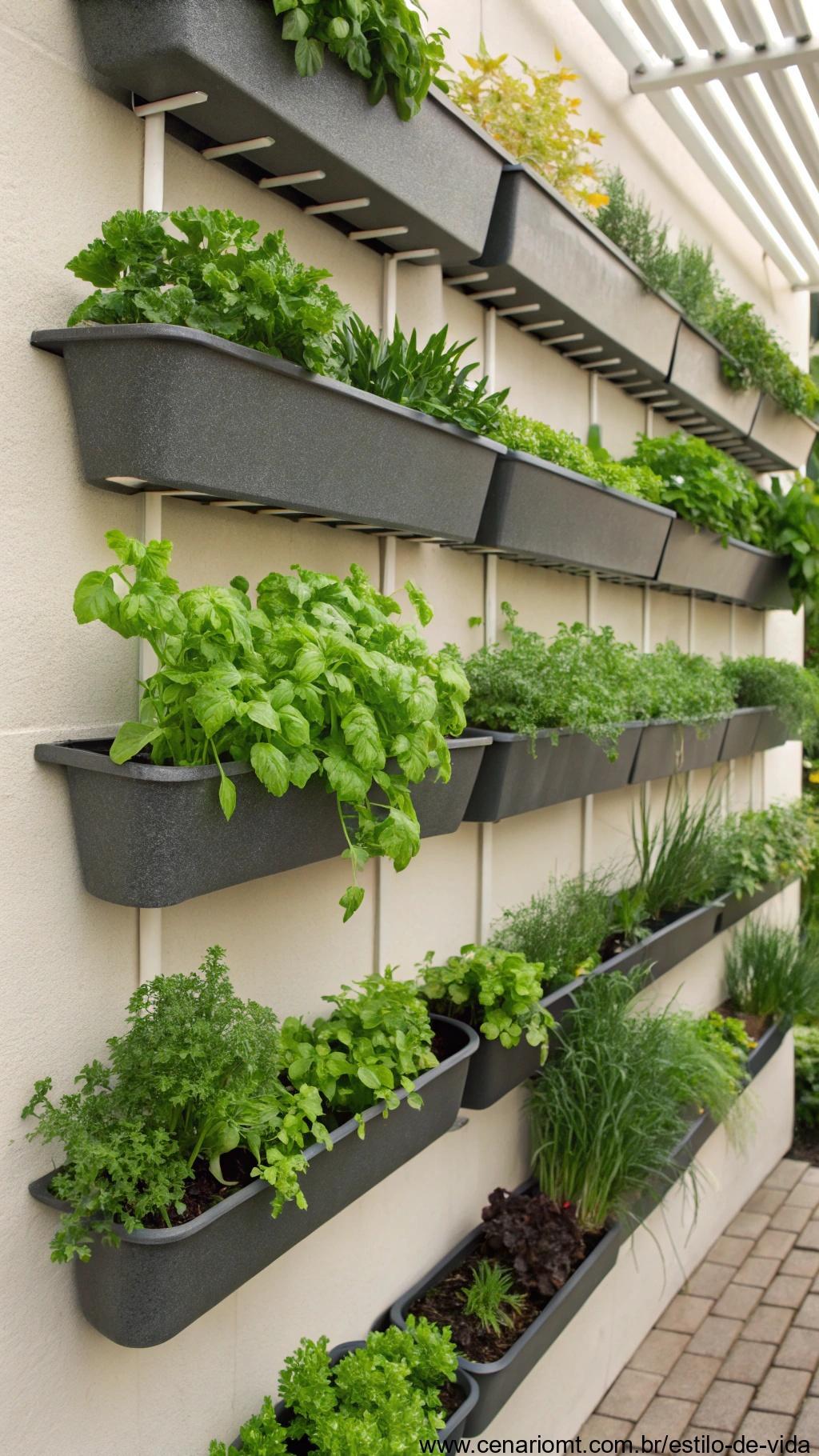 horta modular na parede com várias plantas