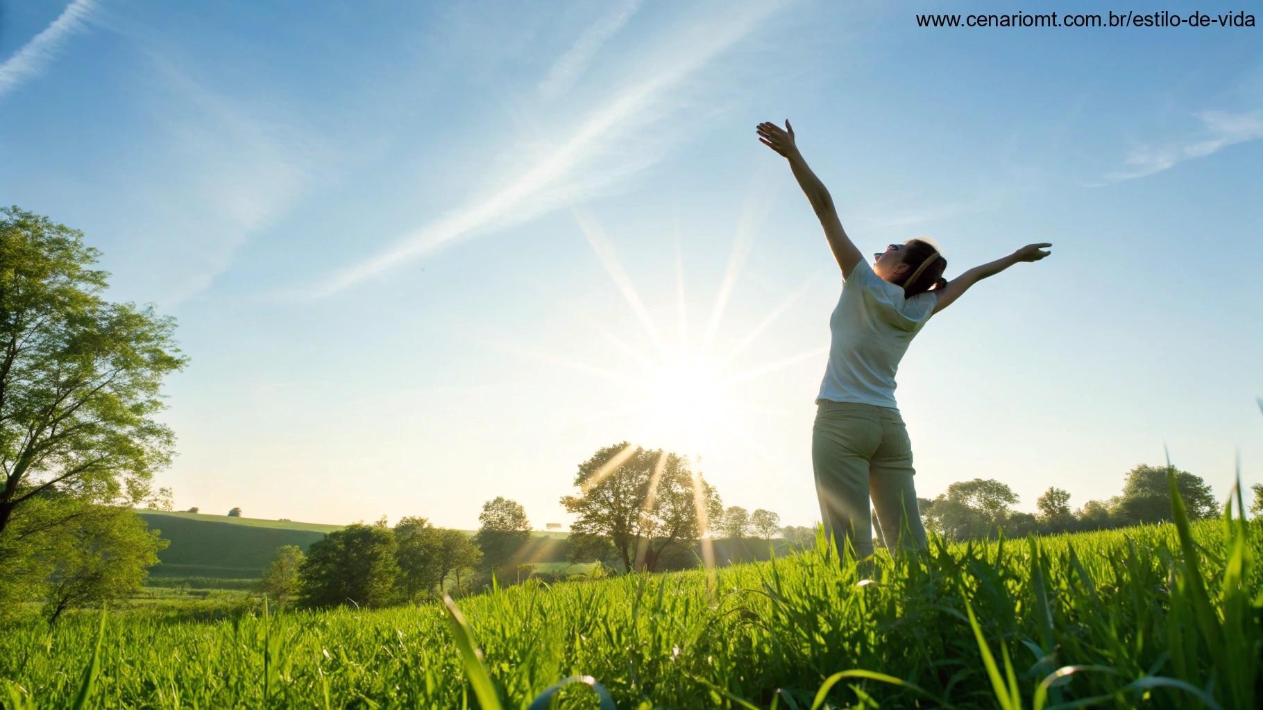 Imagem de uma pessoa alongando os braços em direção ao sol em um campo verde sob um céu azul, transmitindo energia e positividade