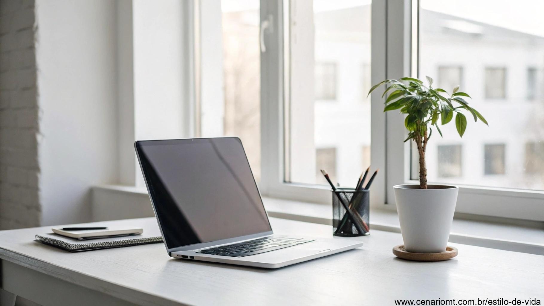 Espaço de trabalho minimalista com laptop, planta e itens de mesa organizados