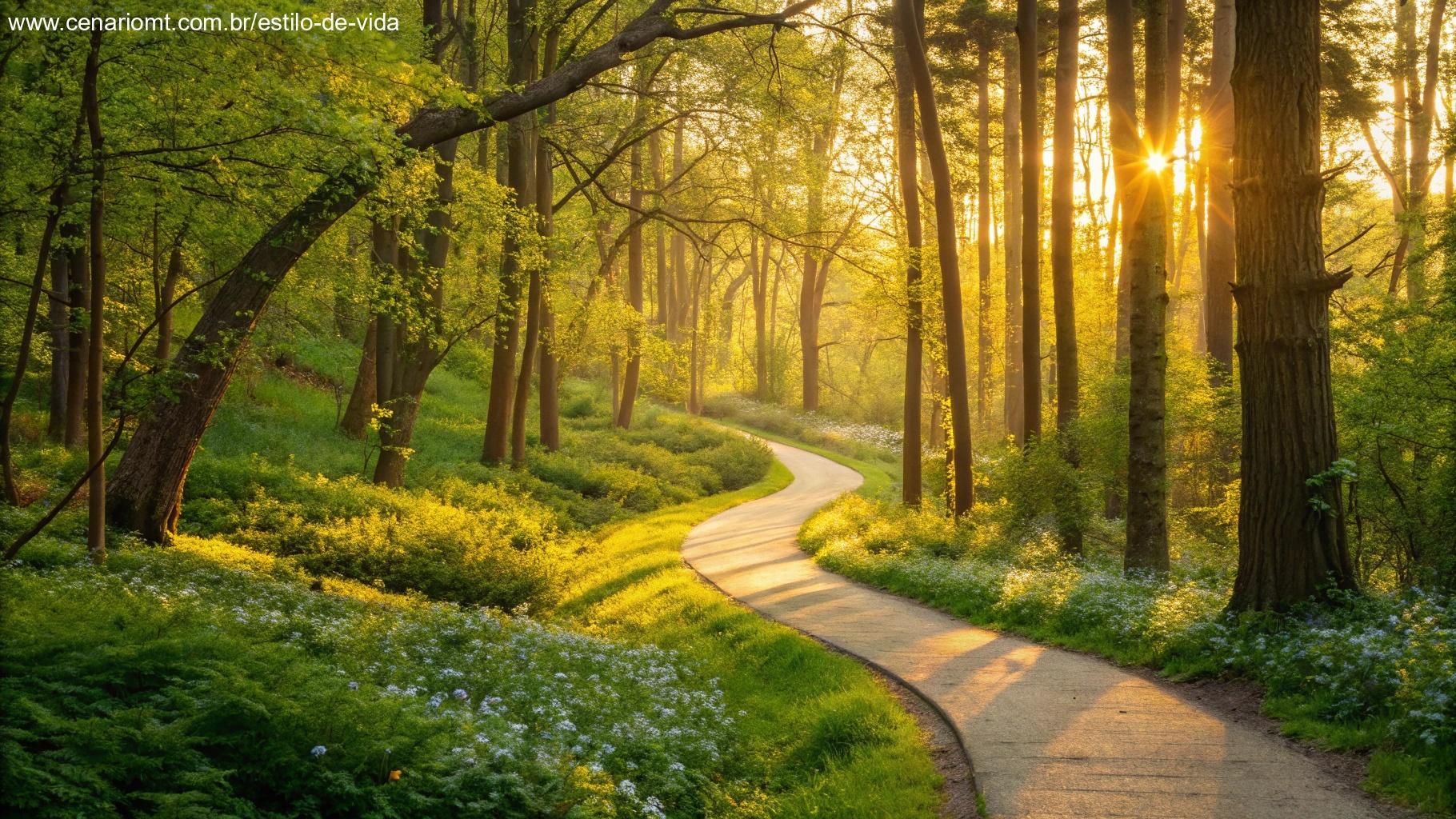 Caminho em uma floresta com luz do sol dourada, representando motivação para a semana
