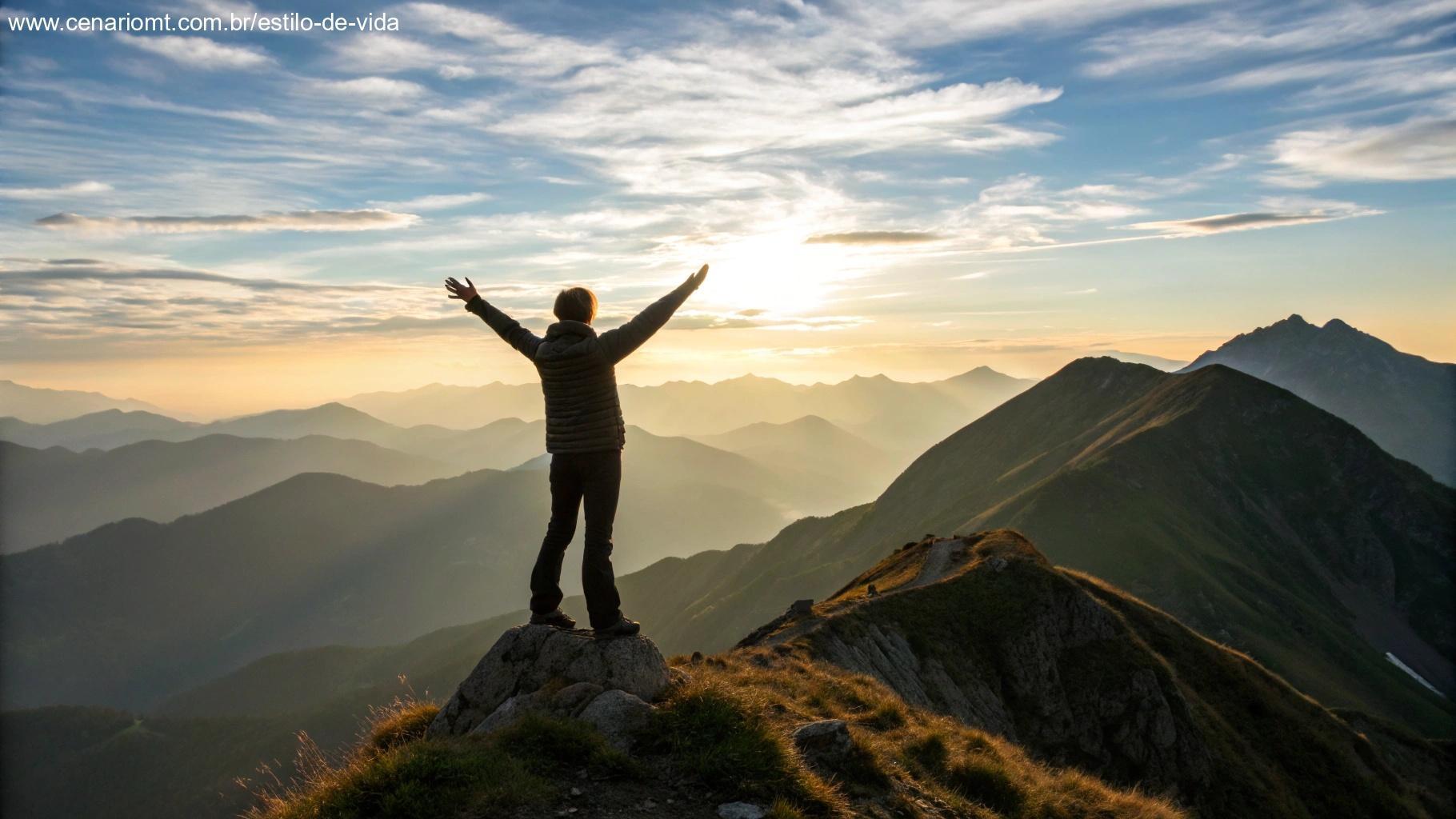 Pessoa no topo da montanha ao nascer do sol com braços erguidos simbolizando motivação