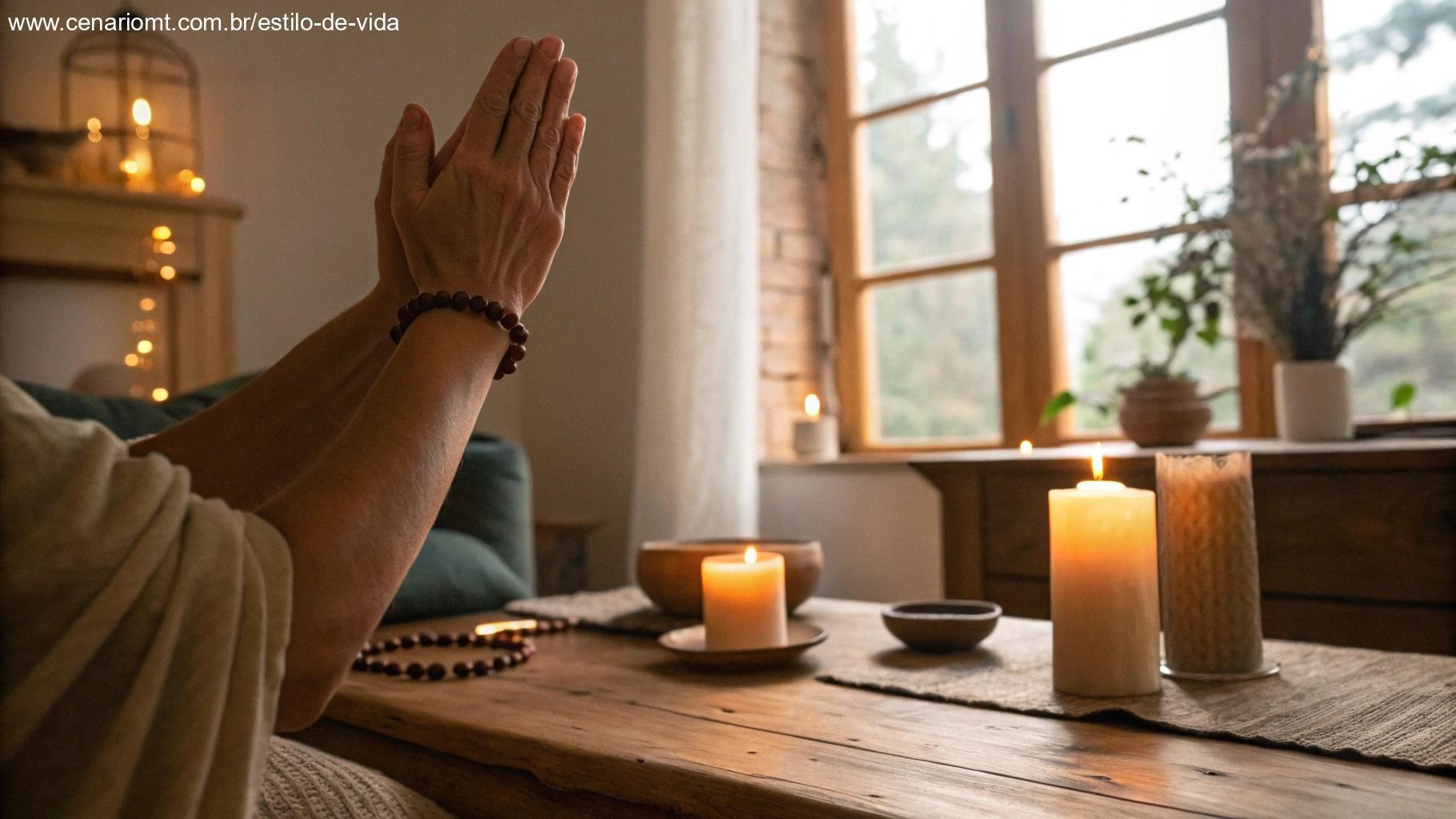 Ambiente acolhedor com mãos em oração, transmitindo gratidão e paz