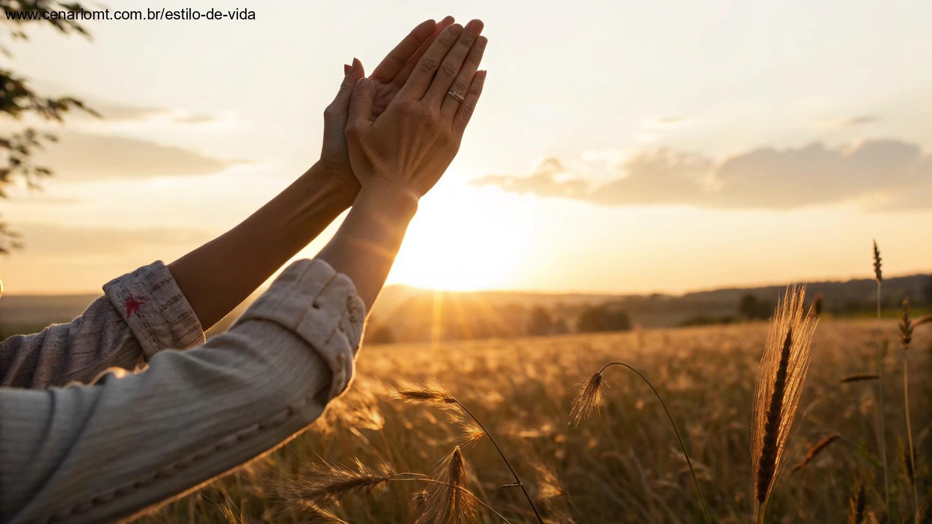 Mãos erguidas em agradecimento durante o nascer do sol