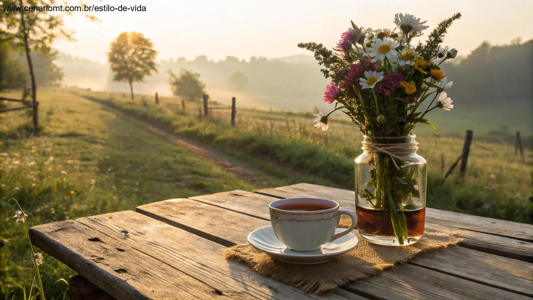 Mesa aconchegante com flores e chá para um momento de gratidão