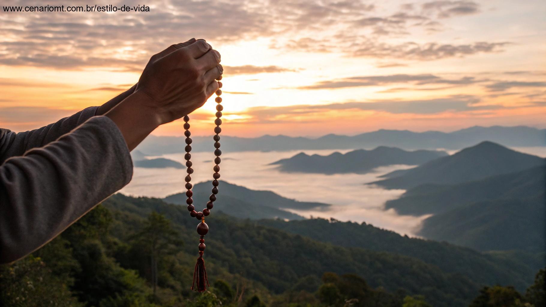 Imagem de uma mão segurando um terço com vista para montanhas ao amanhecer