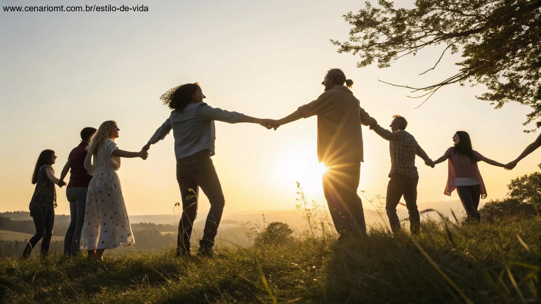 Imagem de um grupo alegre de pessoas de mãos dadas ao ar livre ao amanhecer
