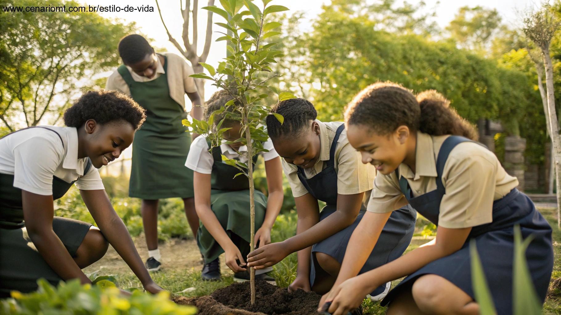 Grupo diversificado de jovens plantando árvores juntos em jardim comunitário, usando uniformes simples, com atmosfera de alegria e serviço