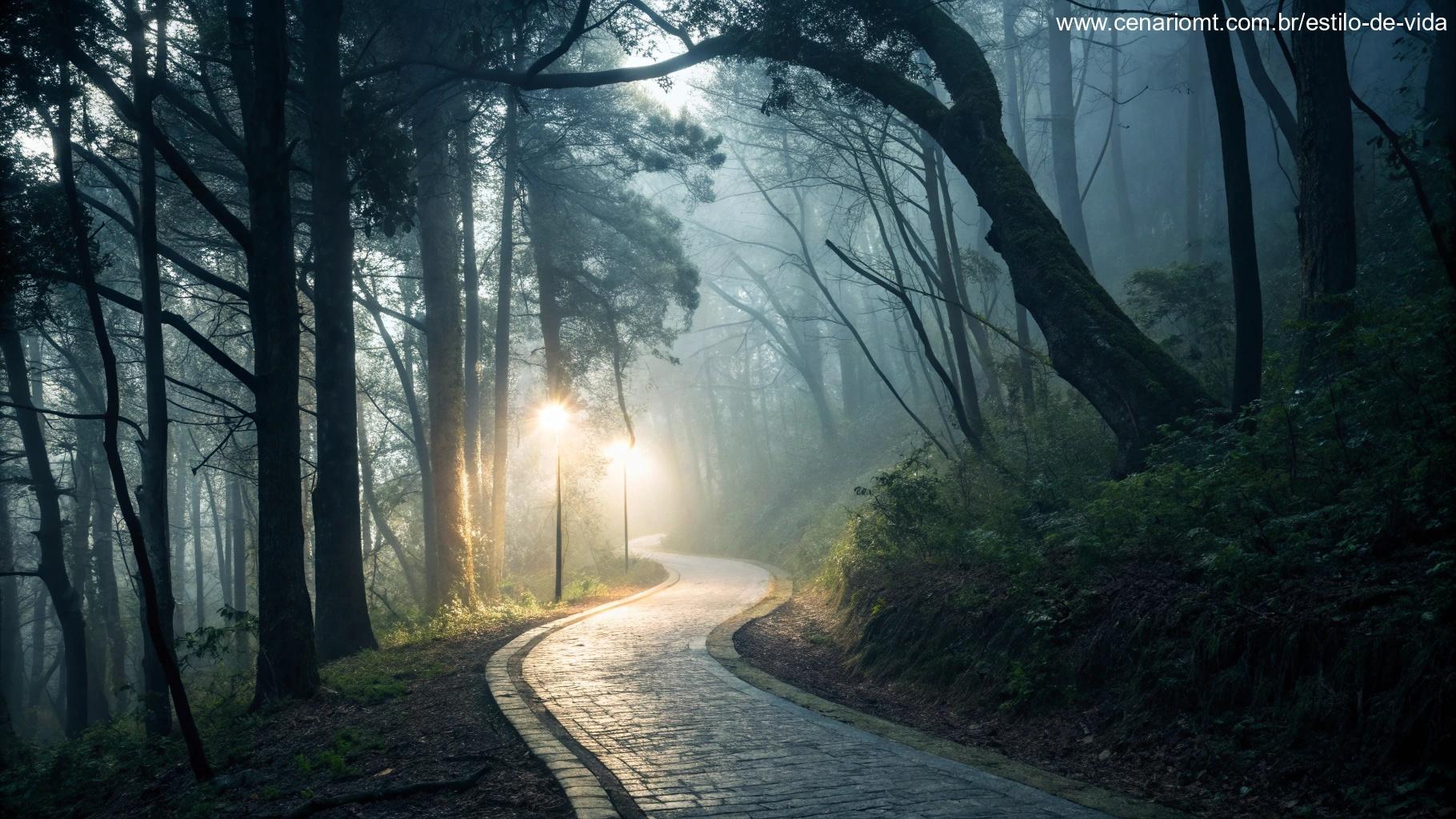 Caminho sinuoso em uma floresta nebulosa com luz ao fundo