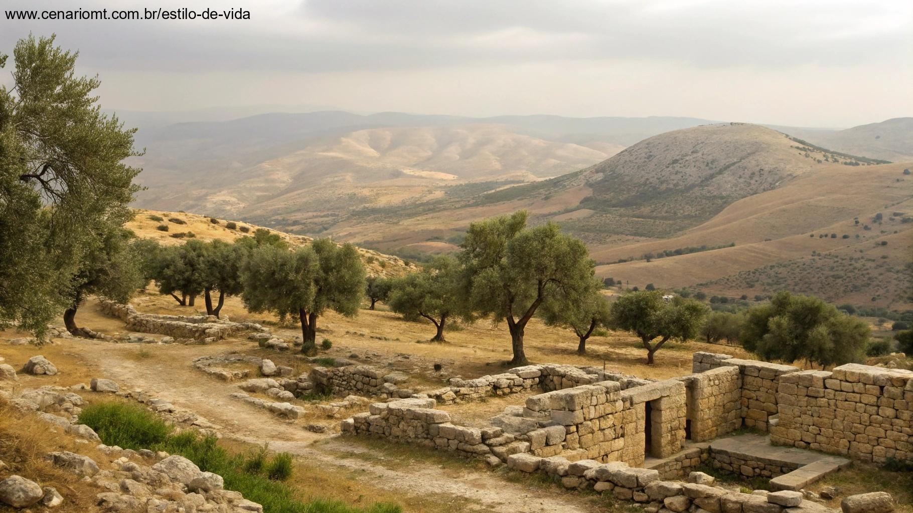 Paisagem do Oriente Médio antigo com oliveiras e estruturas de pedra, evocando os tempos bíblicos de Provérbios