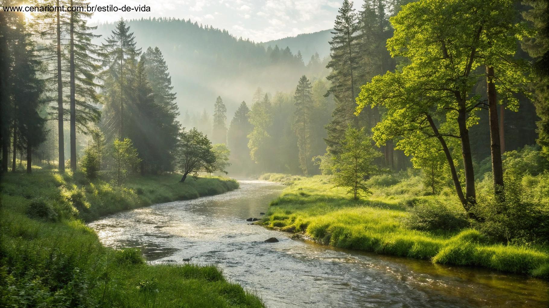 Imagem de um rio calmo em uma floresta simbolizando o cuidado de Deus