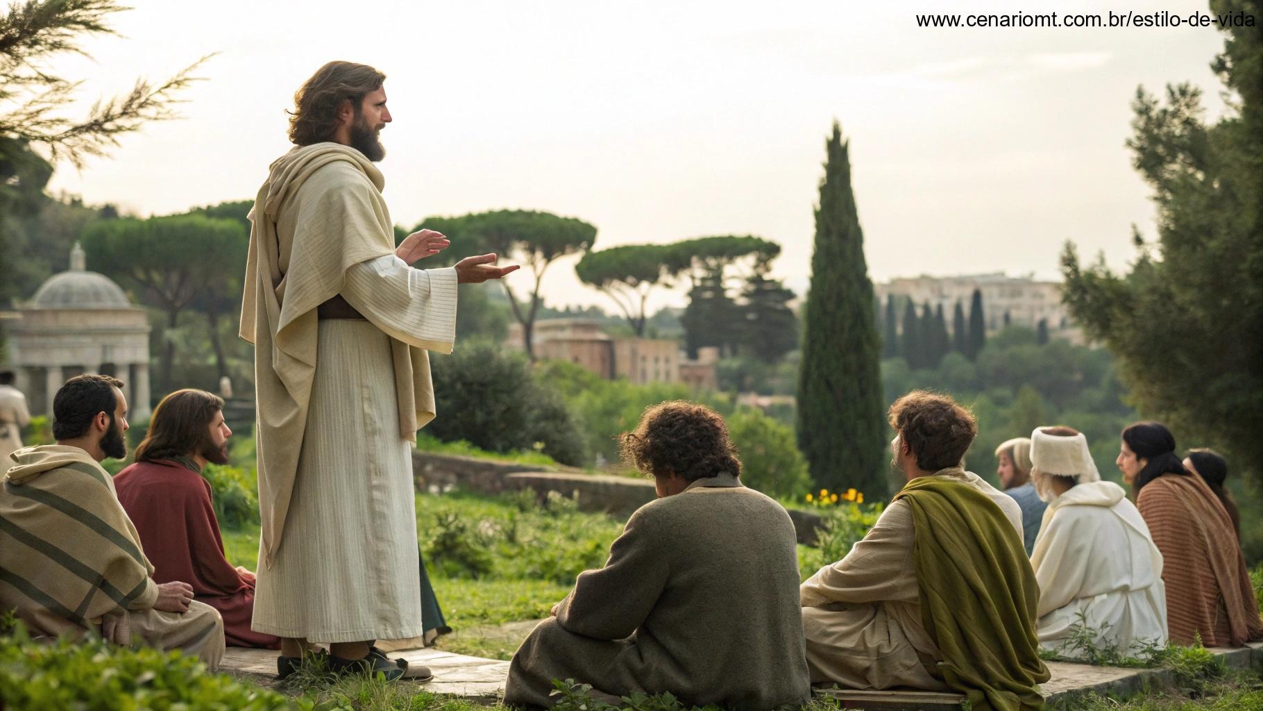 São Marcos ensinando cristãos em um ambiente externo tranquilo e inspirador
