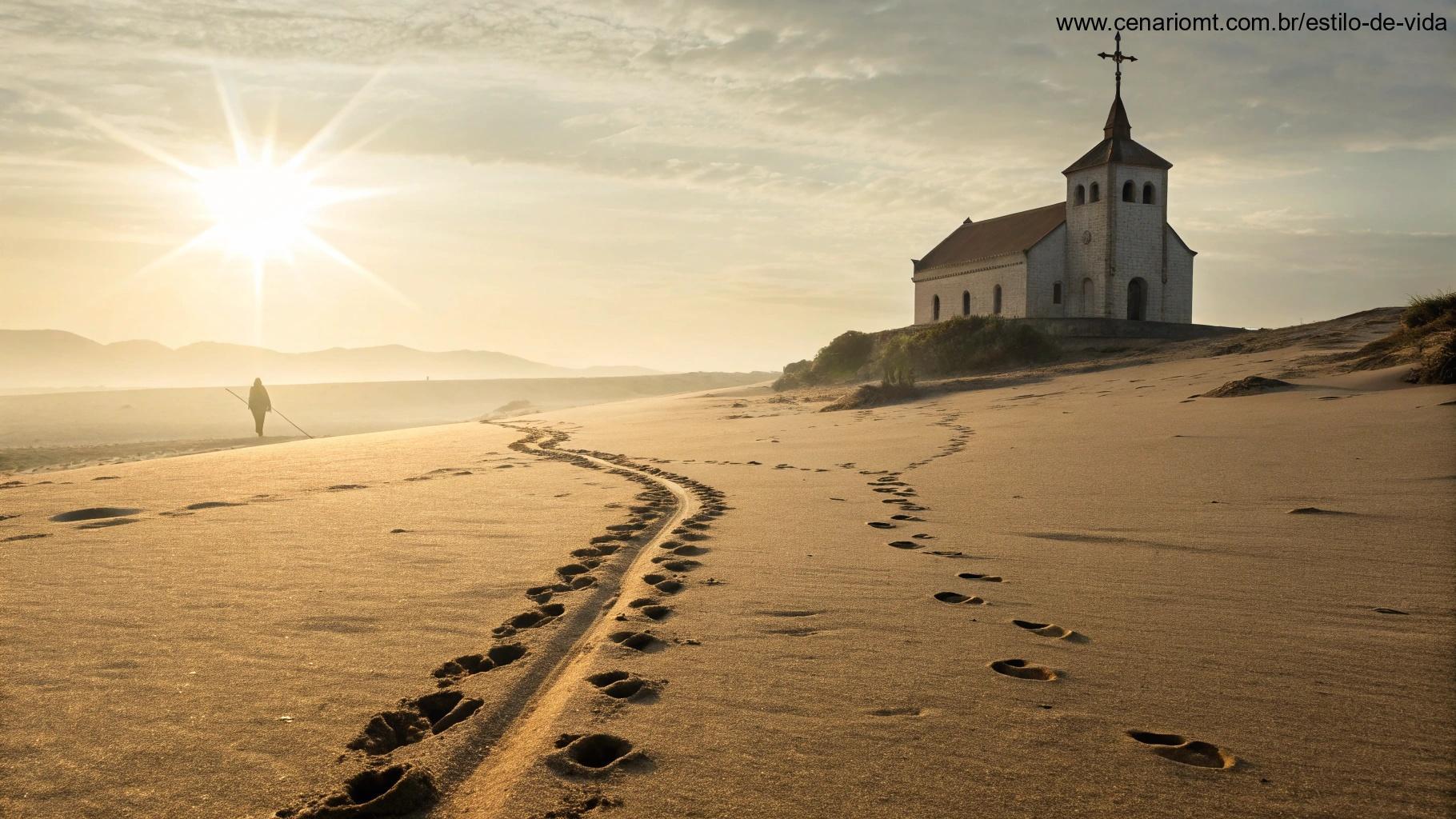 Imagem simbólica do legado de fé do santo, com pegadas na areia, trilha de luz e uma igreja ao fundo.