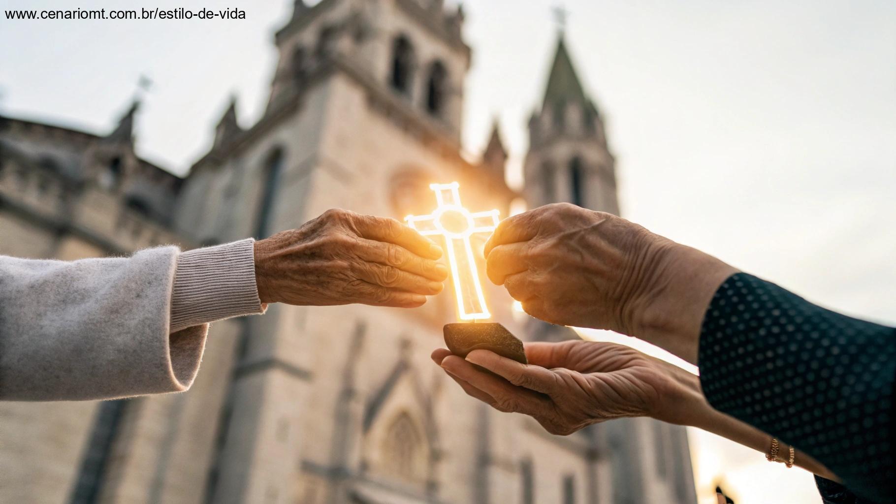 Mãos transmitindo símbolo sagrado através de gerações