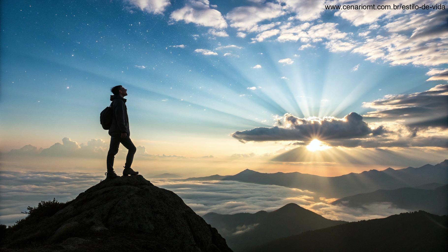Pessoa no alto da montanha contemplando o céu em sinal de confiança em Deus