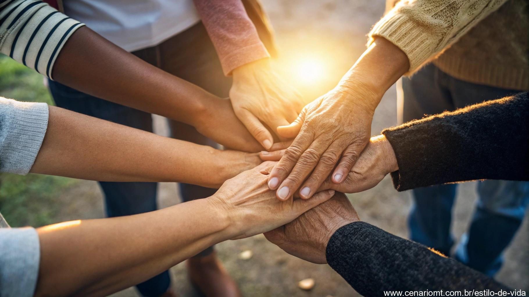 Mãos diversas unidas em um círculo com luz quente brilhando ao centro