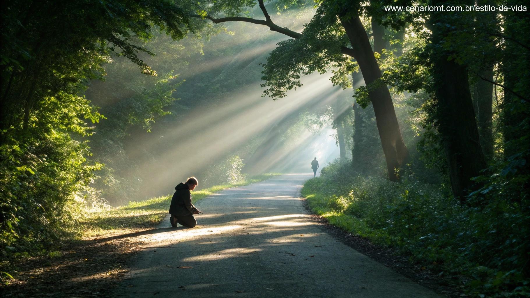 Trilha tranquila em uma floresta iluminada pelo sol com uma pessoa ajoelhada em oração