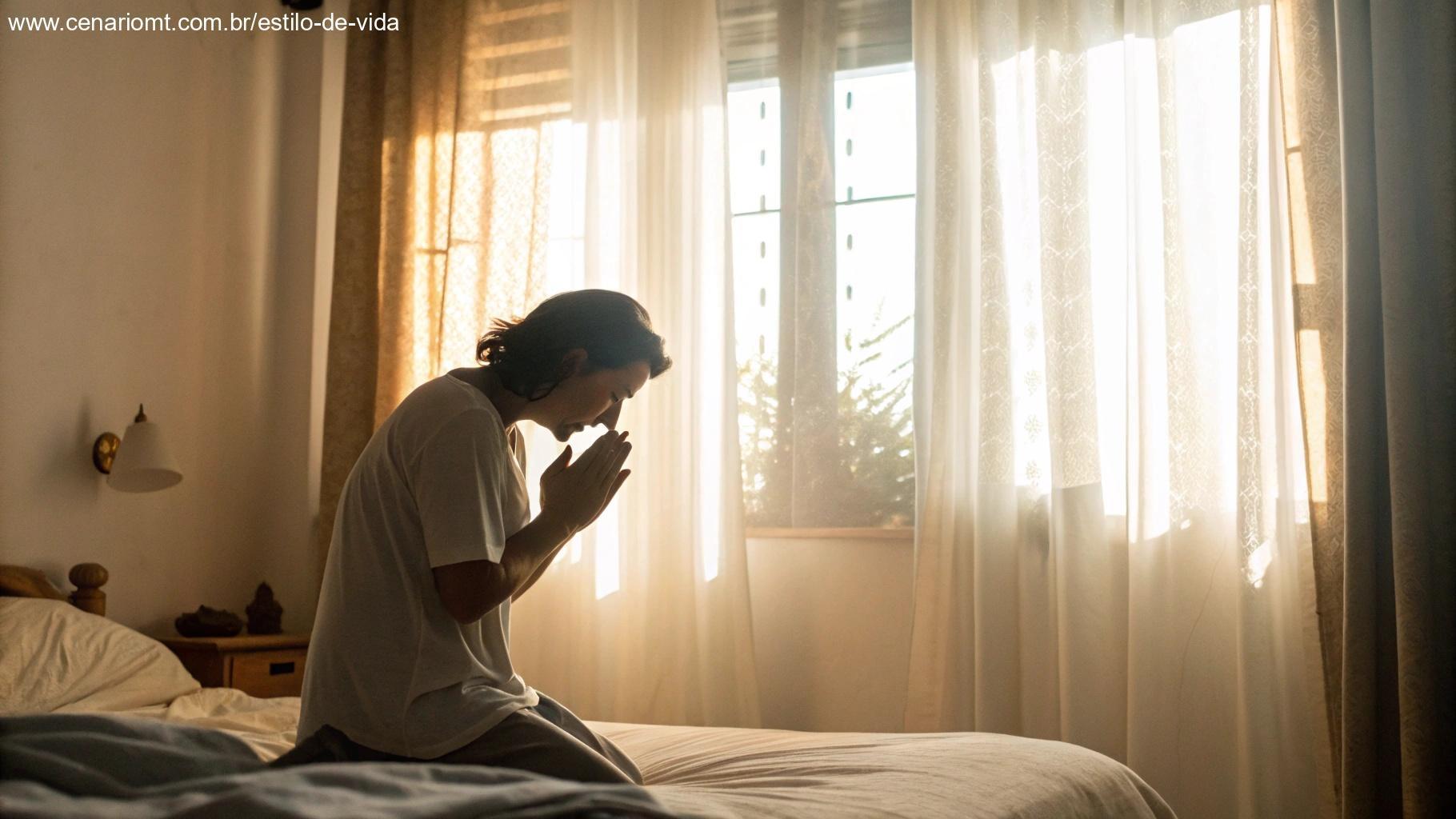 Imagem de uma pessoa ajoelhada ao lado da cama em oração com luz suave entrando pela janela