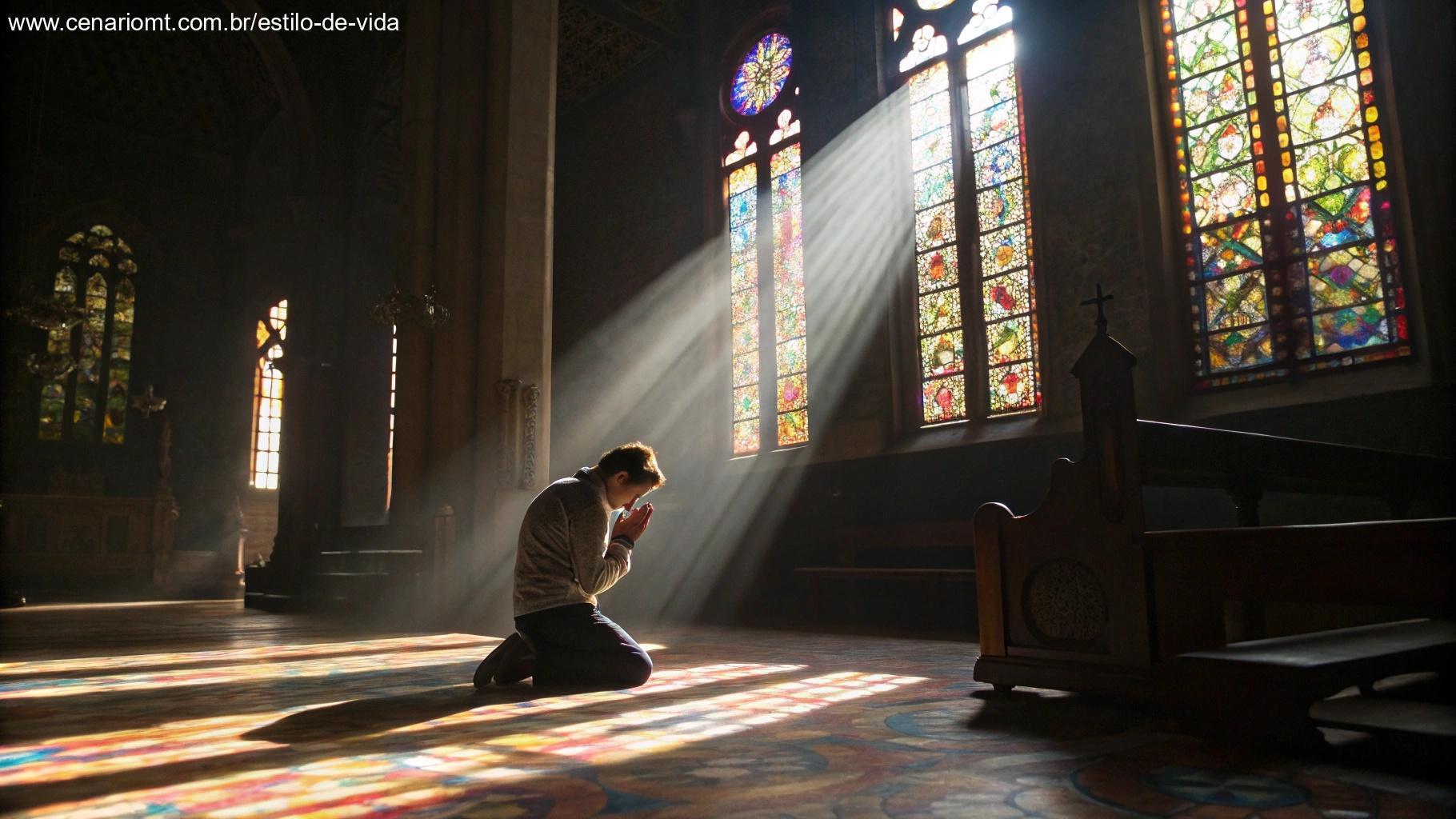 Pessoa ajoelhada em oração dentro de uma igreja tranquila, com luz do sol entrando pelas janelas de vitral, evocando devoção e poder da oração.