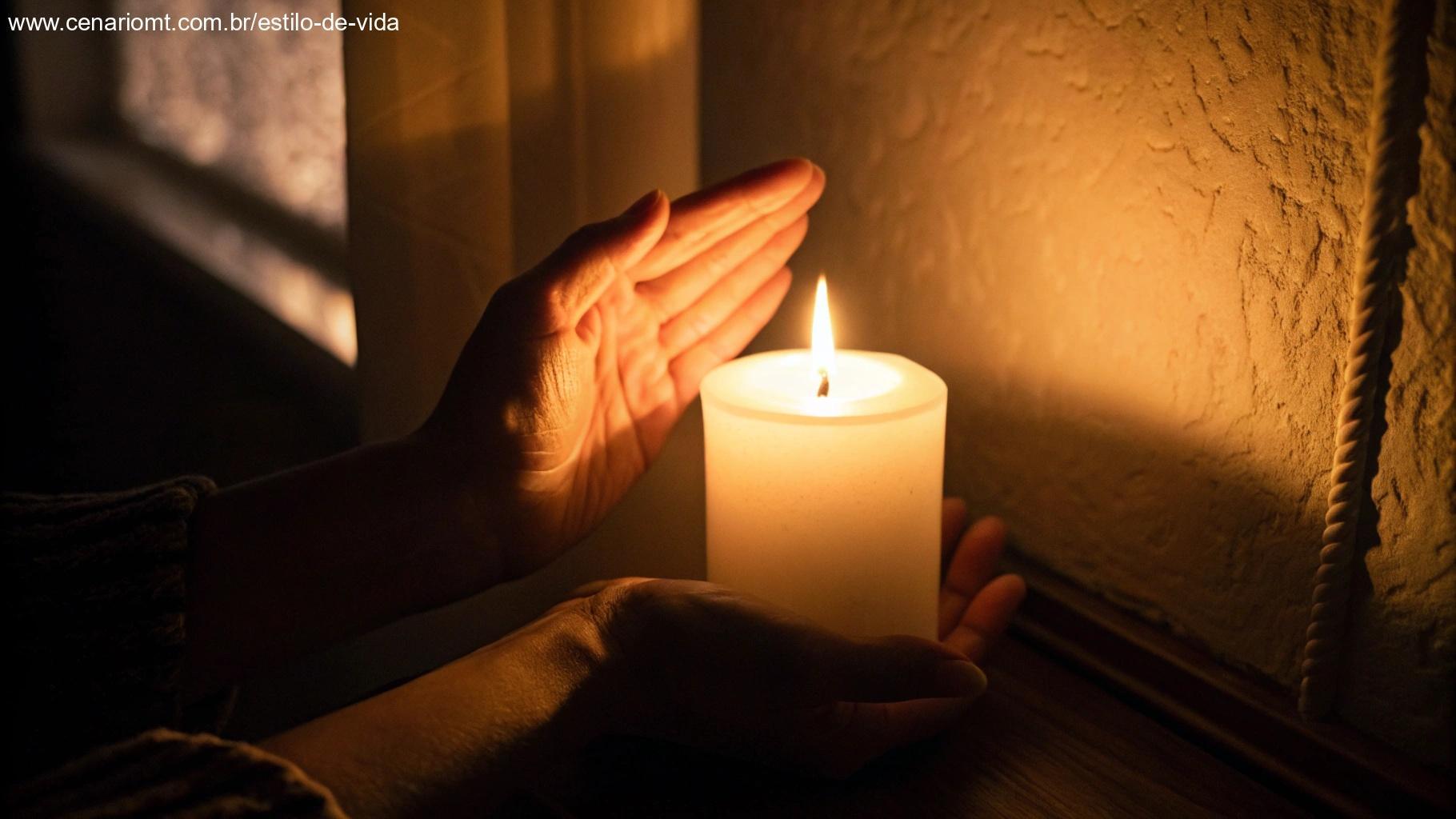 Vela acesa em um quarto escuro com mãos envolvendo a chama como se a protegessem