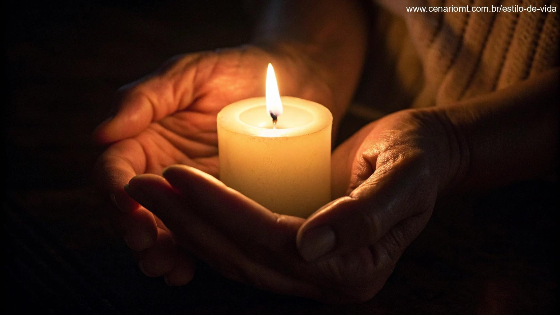 Vela acesa em um ambiente escuro com mãos delicadamente protegendo a chama