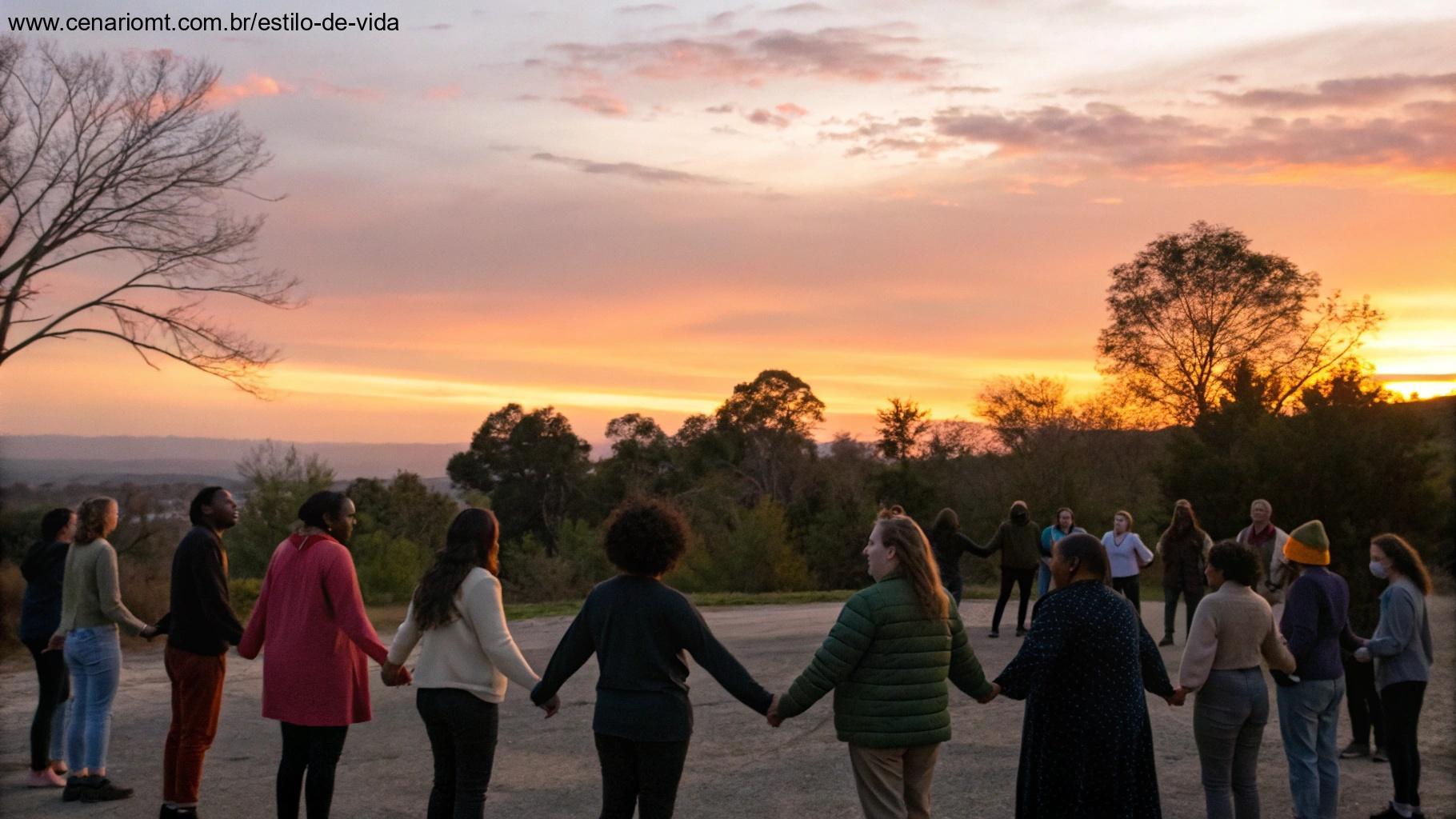Grupo de pessoas orando em comunidade ao pôr do sol