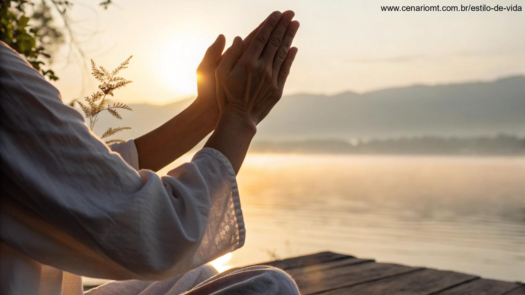 Mãos delicadamente unidas em oração com uma suave luz ao redor, em uma atmosfera matinal tranquila
