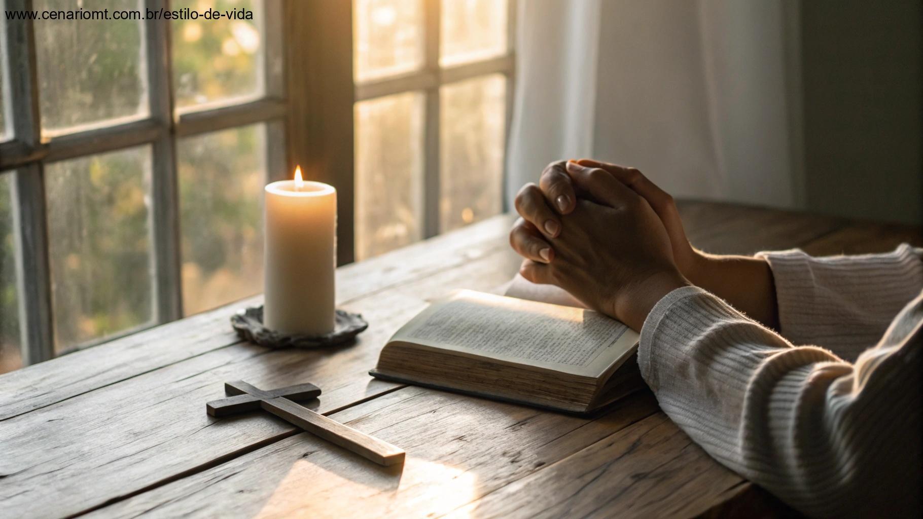 Mãos em oração em uma mesa com vela e cruz ao amanhecer