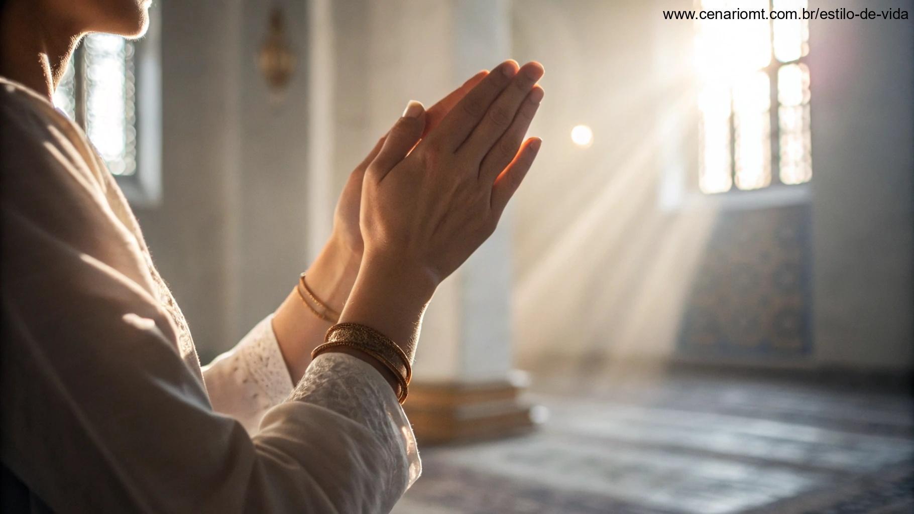 Mãos unidas em oração com uma luz suave ao redor, representando o poder da oração.
