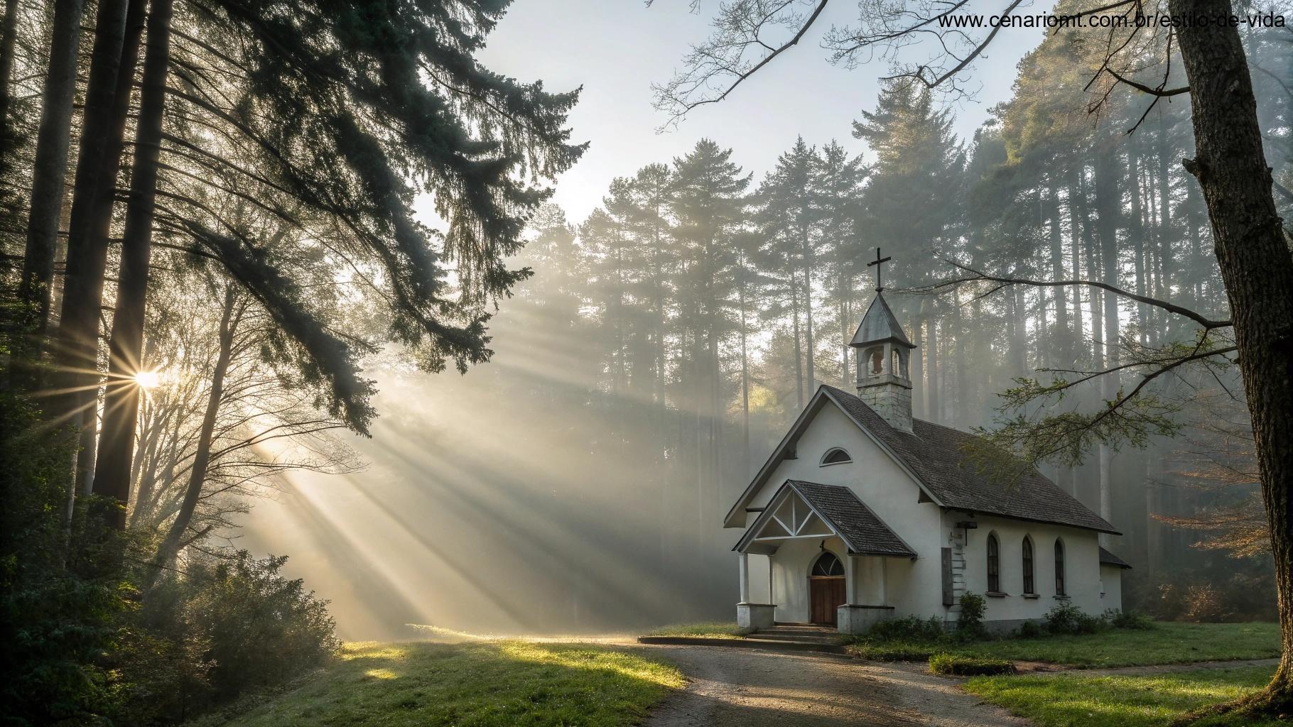 Imagem serena de uma capela tranquila cercada pela natureza, com raios de luz simbolizando o poder da oração.