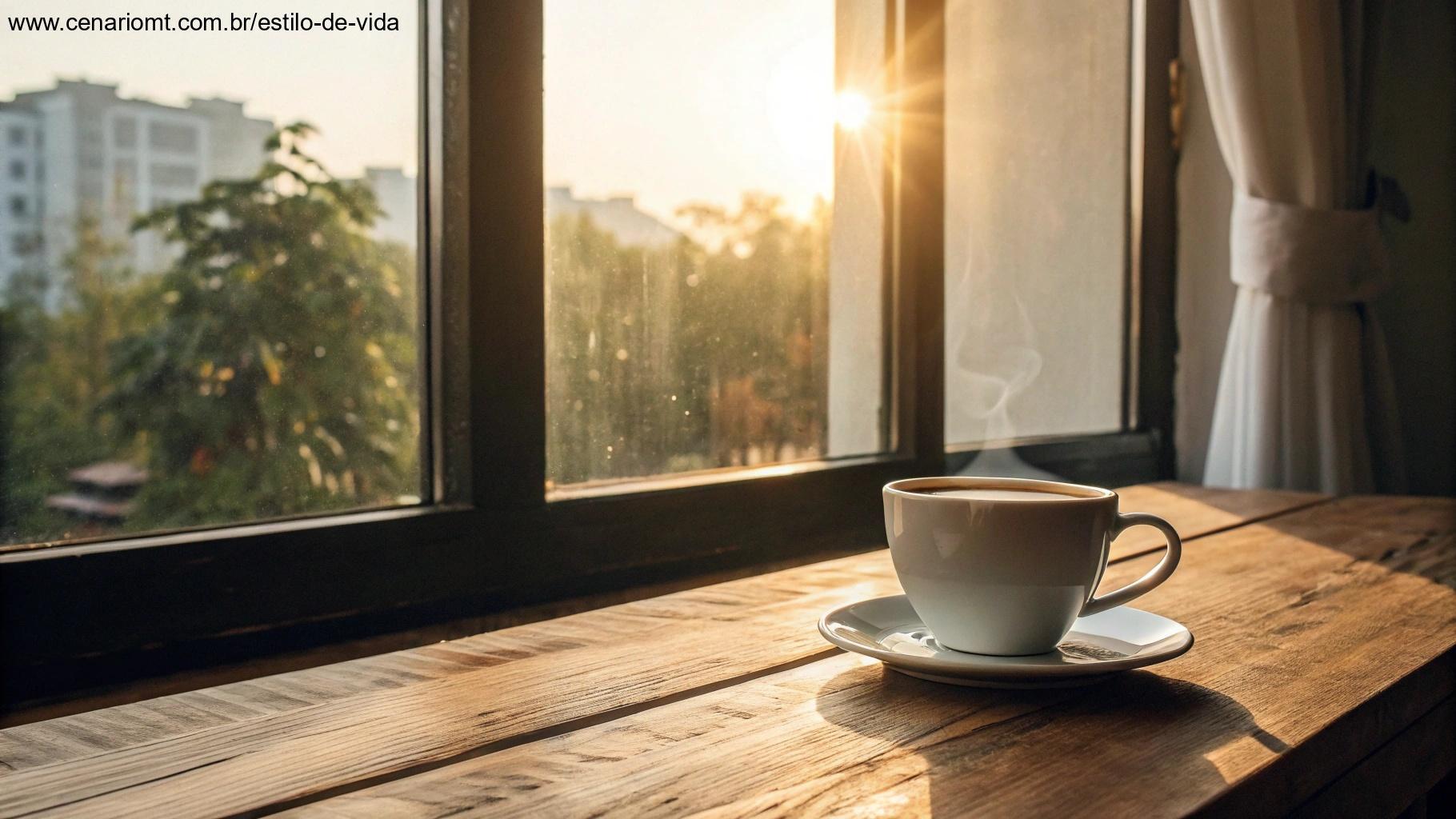 Café da manhã sereno com luz do sol representando palavras positivas