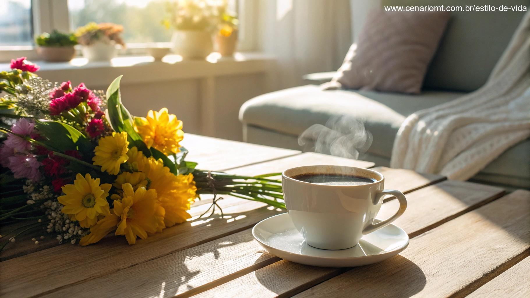 Cena matinal vibrante com uma xícara de café em uma mesa de madeira, flores frescas e luz do sol entrando pela janela